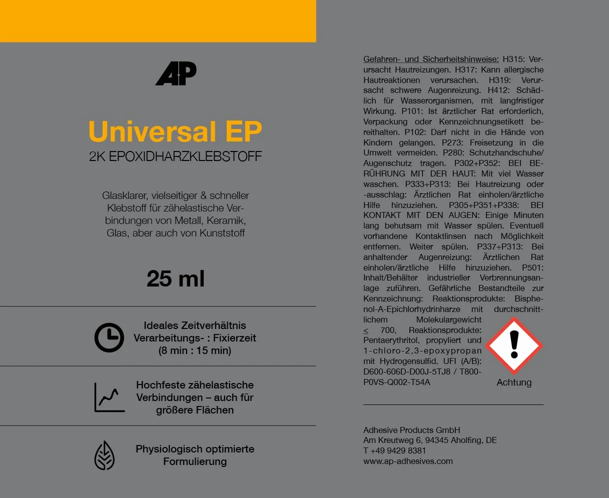 Universal EP – czas doniczki: 8 min, 2K High-Performance klej do żywicy epoksydowej, wszechstronne zastosowanie (metal, szkło, tworzywo sztuczne, drewno, itd.) (25 ml)