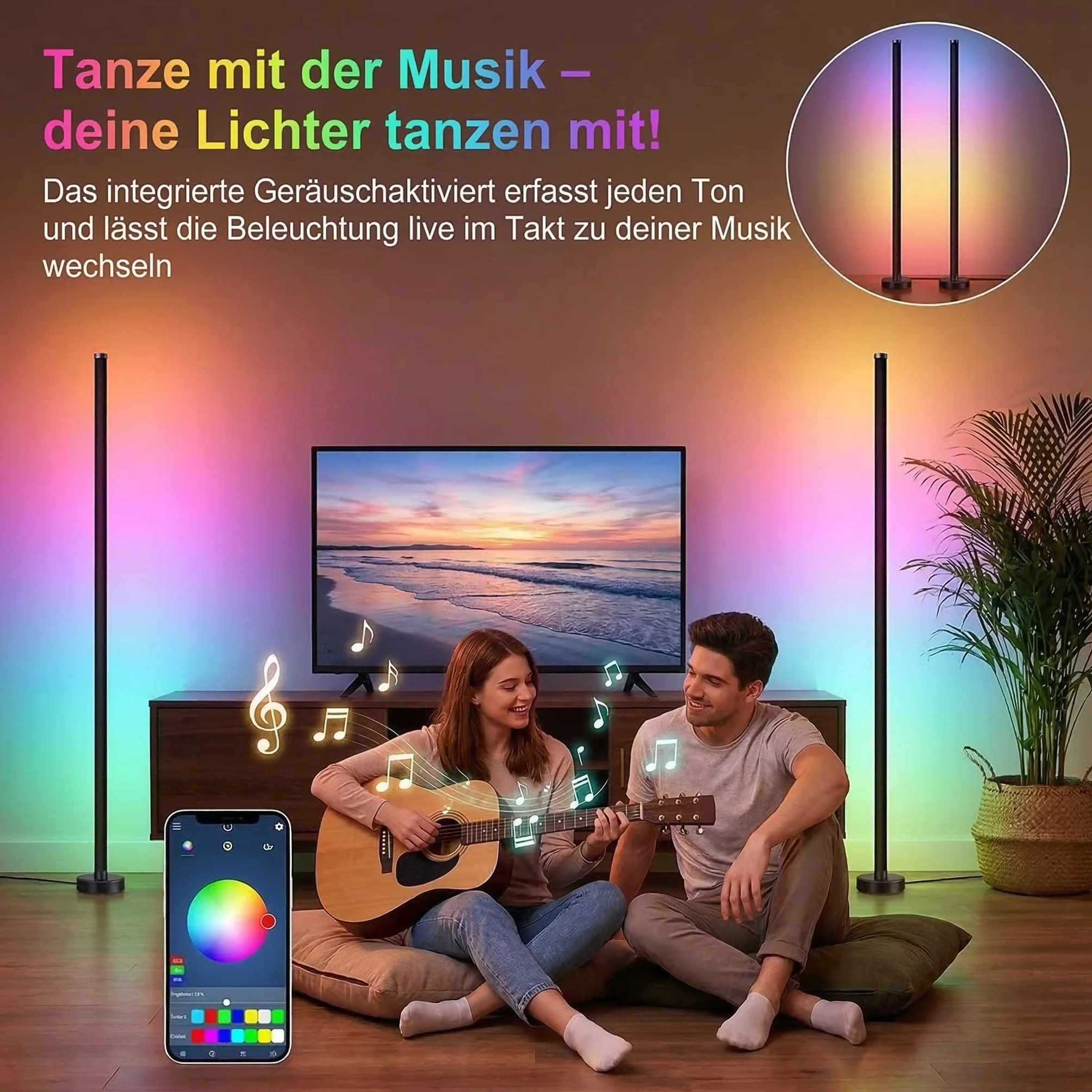 Zestaw 2 lamp stojących LED RGB, możliwość ściemniania, 120 cm, lampa narożna ze sterowaniem za pomocą aplikacji i pilotem zdalnego sterowania, synchronizacja muzyki i tryb DIY, nowoczesna