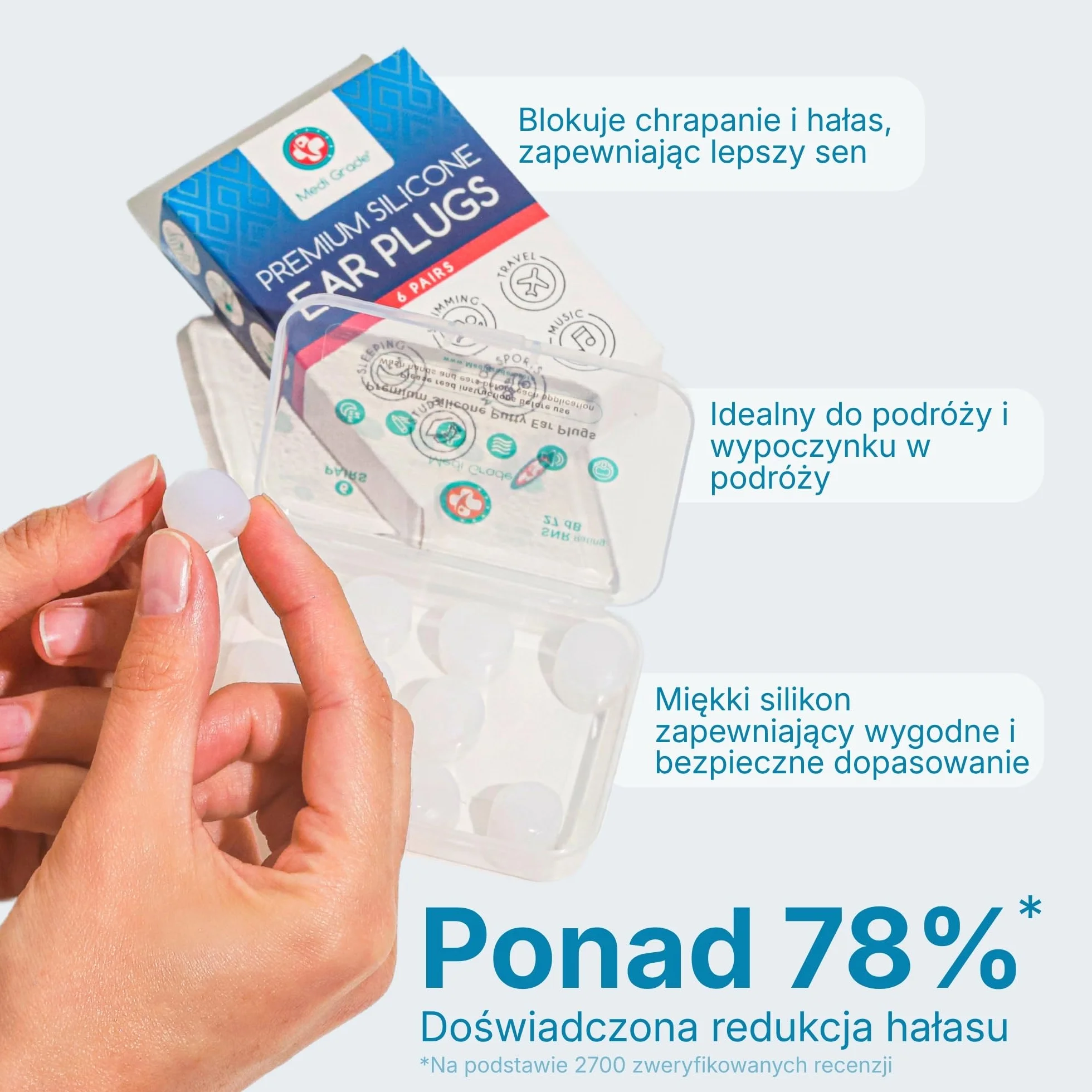 Medi Grade Silikonowe Zatyczki do Uszu 27dB Wielorazowe Stopery na Chrapanie 6 Par