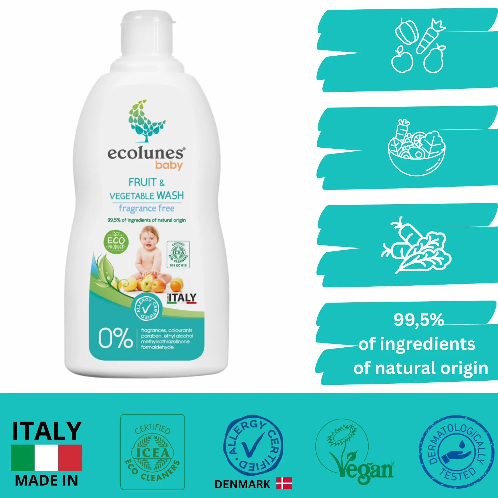 Ecolunes Baby Fruit & Vegetable Wash hipoalergiczny płyn do mycia ciała dla dzieci z owocami i warzywami, bezzapachowy, 99,5% składników pochodzenia naturalnego, nie powoduje alergii, 500 ml