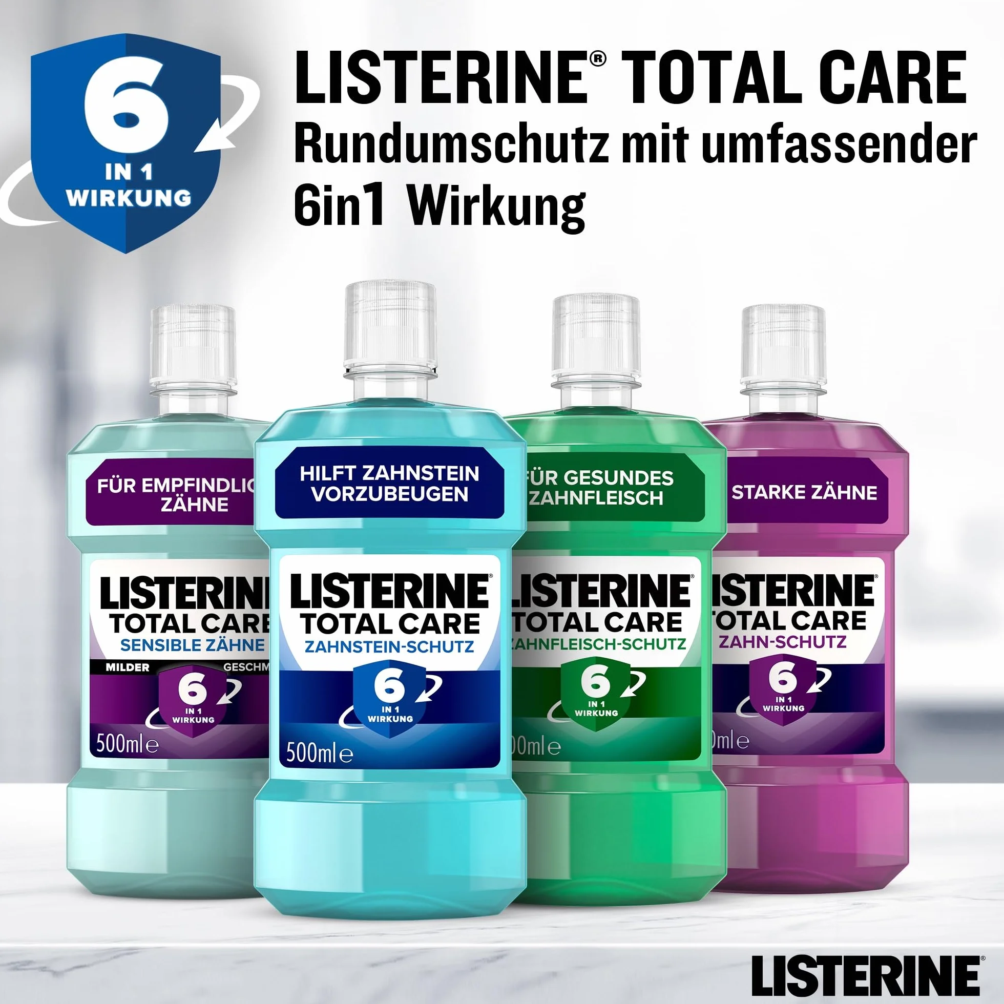 LISTERINE Total Care ochrona przed kamieniem nazębnym 500 ml, ochronny płyn do płukania jamy ustnej z efektem 6 w 1, antybakteryjny płyn do płukania jamy ustnej chroni przed problemami z dziąsłami