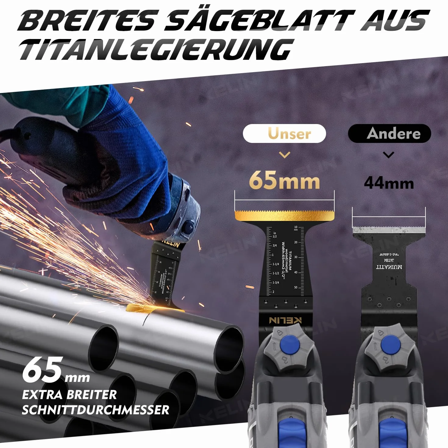 KELIN Multitool Brzeszczoty do piły 12-częściowe, multimaster z powłoką tytanową, japońskie ząbki, wielofunkcyjne akcesoria, kompatybilne z Fein Dewalt Makita Parkside Ryobi Milwaukee