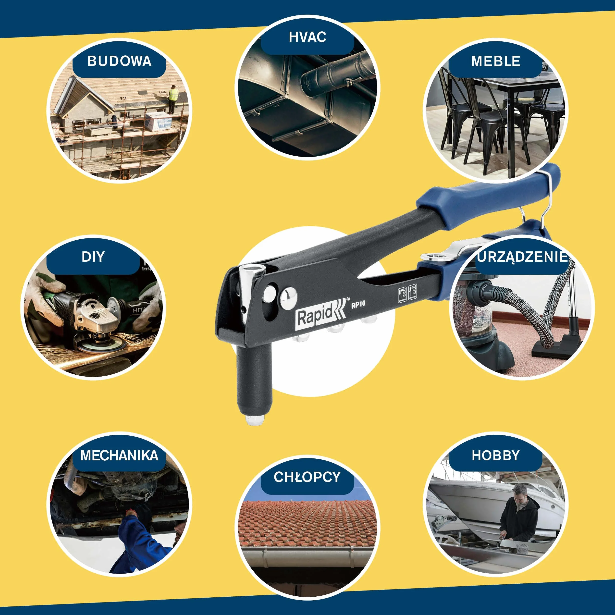 Zestaw nitownicy ręcznej Rapid RP10 ze 100 nitami aluminiowymi, zintegrowanym kluczem i miękkim uchwytem do nitów zrywalnych 3.2, 4.0, 4.8mm (5001718)
