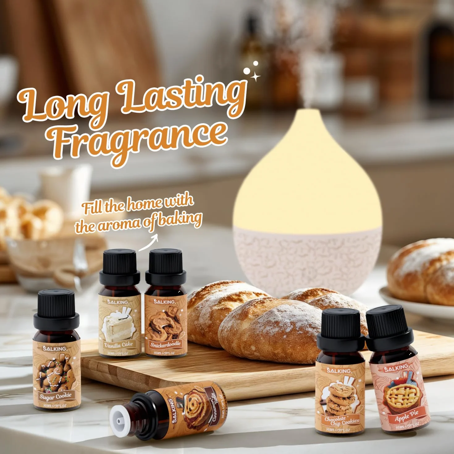 SALKING Zestaw olejków eterycznych do pieczenia, aromaterapii, zestaw prezentowy, olejki zapachowe do dyfuzora, 6 x 10 ml czekoladowe ciasteczka, jabłecznik, bułeczki cynamonowe, ciasto waniliowe