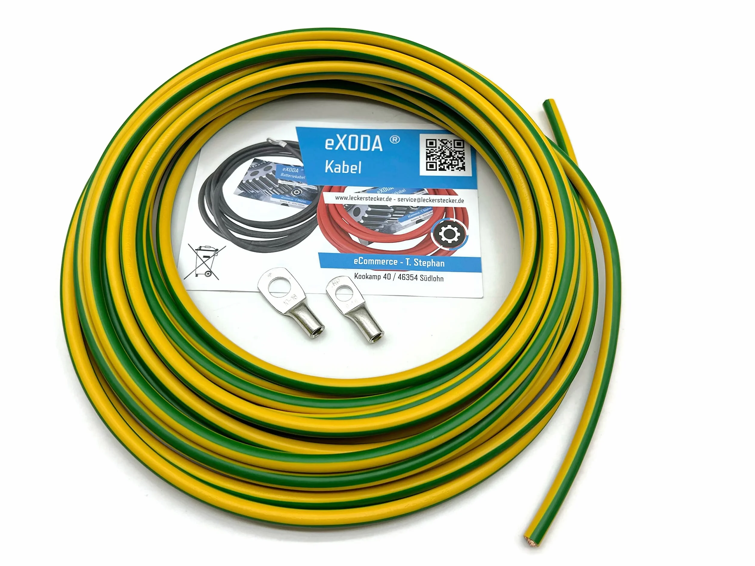 Exoda 10m kabel uziemiający 16 mm² zielono-żółty M8 M10 do zastosowań uziem | Zastosowania uziemiajace, 10 m dlugosci, oczka M8 M10, standard H07V-K, elastyczny, powloka PVC, do stosowania wewnetrznego i