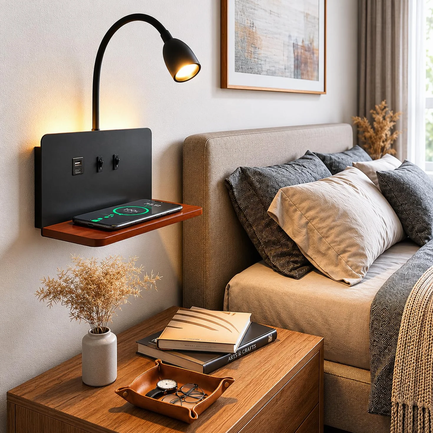 Lampa ścienna LED z wtyczką, portami USB i bezprzewodową ładowarką, regulowana, 3000 K