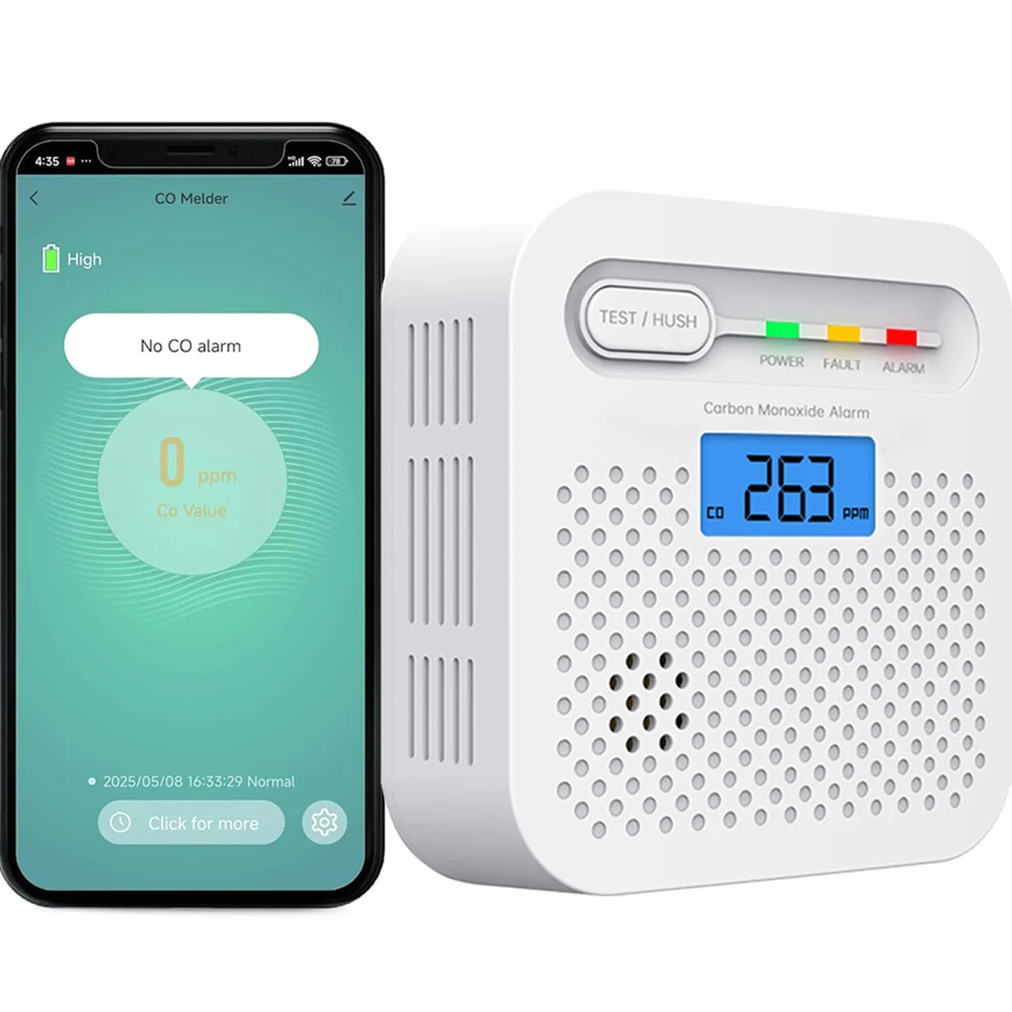 Detektor CO Detektor tlenku wegla WiFi 10-etnia bateria, powiadomienia push wczasie rzeczywistym za posrednictwem aplikacji bezpieczenstwa Tuya &SmartLife, alarm 85 dB, cyfrowy wy$wietlacz LCD (1Pack)