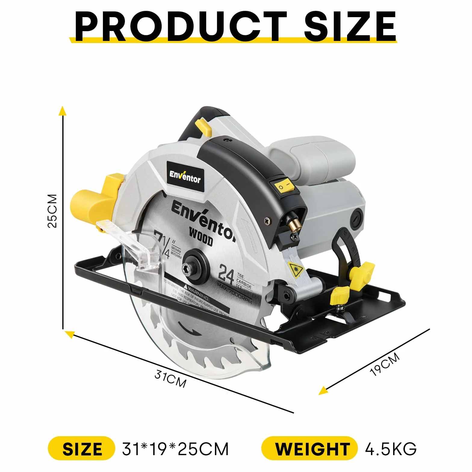 Enventor Piła tarczowa 1200W z szyną prowadzącą (średnica tarczy piły: 185 mm, zawiera 2 tarcze piły tarczowej, 5800 obr./min, z prowadnicą laserową, do drewna, miękkiego metalu, płytek
