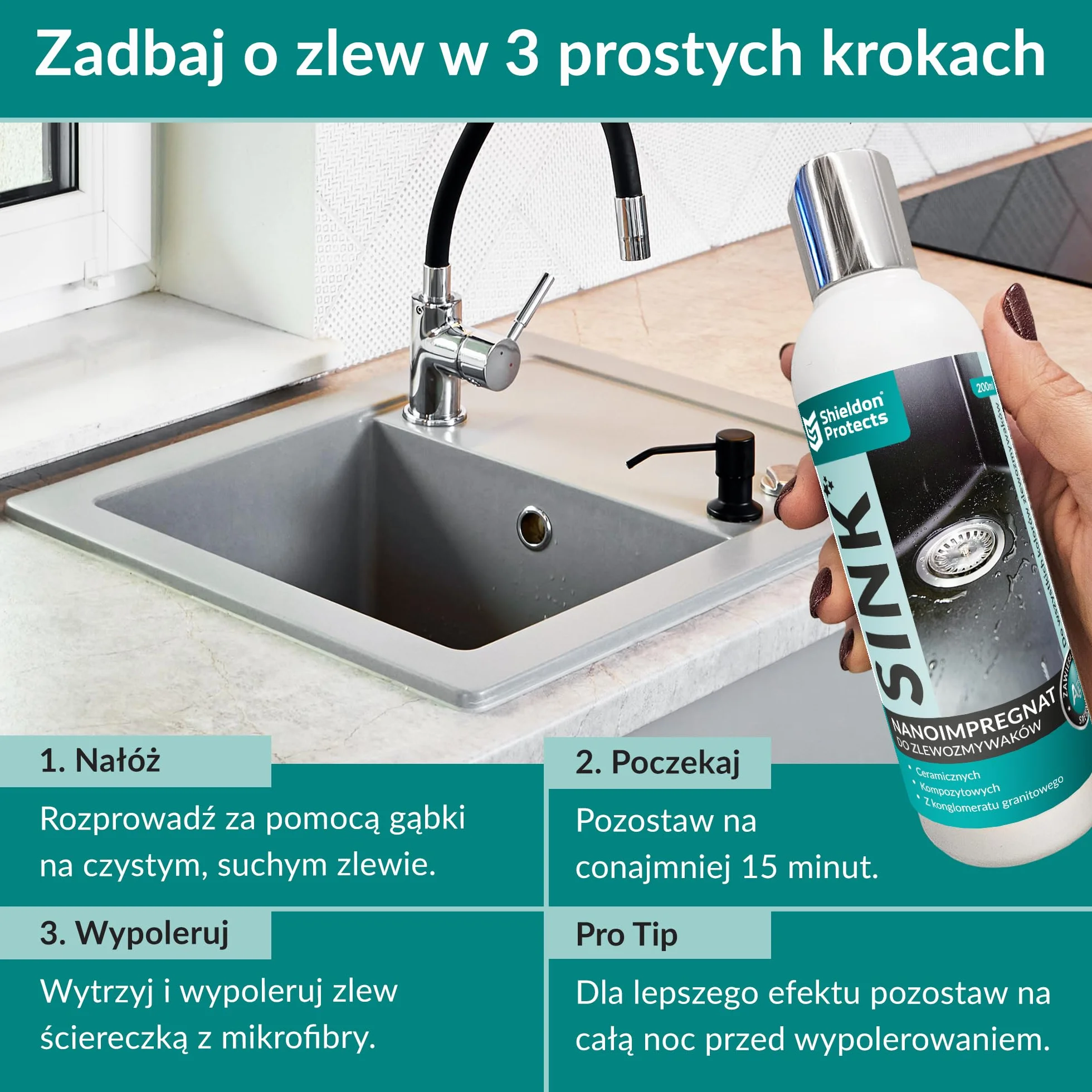 Shieldon Protects SINK – profesjonalny impregnat do zlewu granitowego i zlewozmywaków kompozytowych - powłoka hydrofobowa chroni przed tłuszczem, plamami i kamieniem, wzmacnia kolor i połysk – 200 ml