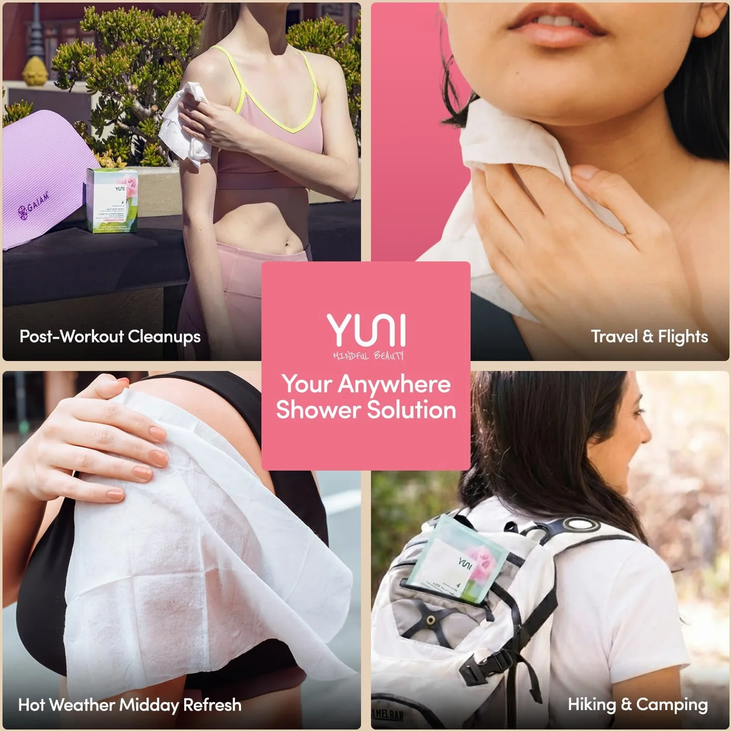 YUNI Beauty Shower Sheets Large Body Wipes, Cucumber Rose, 12 Count
