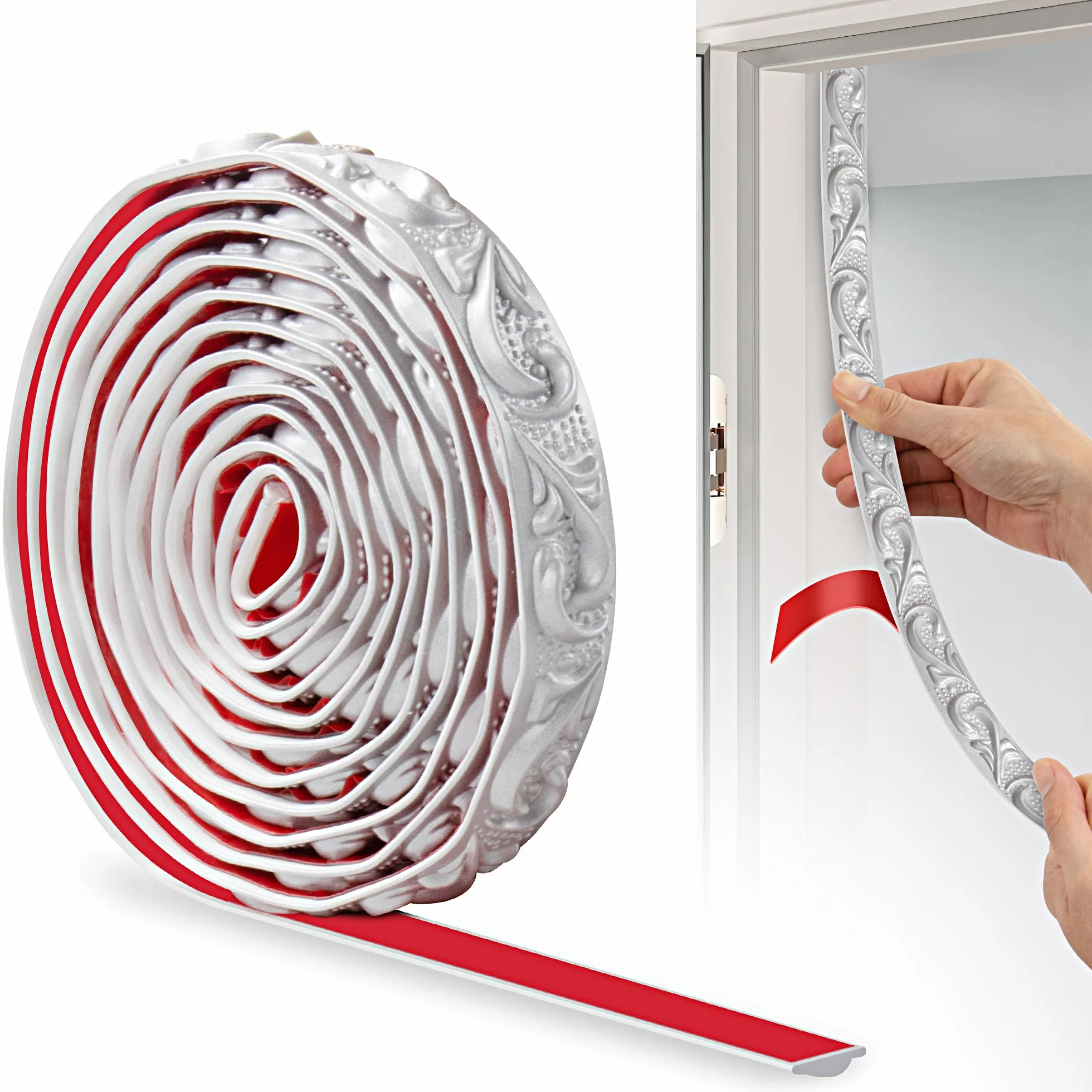 Moulures en PVC JUNART, 300cm×2cm,bordure de papier peint, corniche pour plafonds, moulure de plafond flexible pour bord de miroir, mur de fond de télévision, plinthes, armoire, mur(Srebrny)