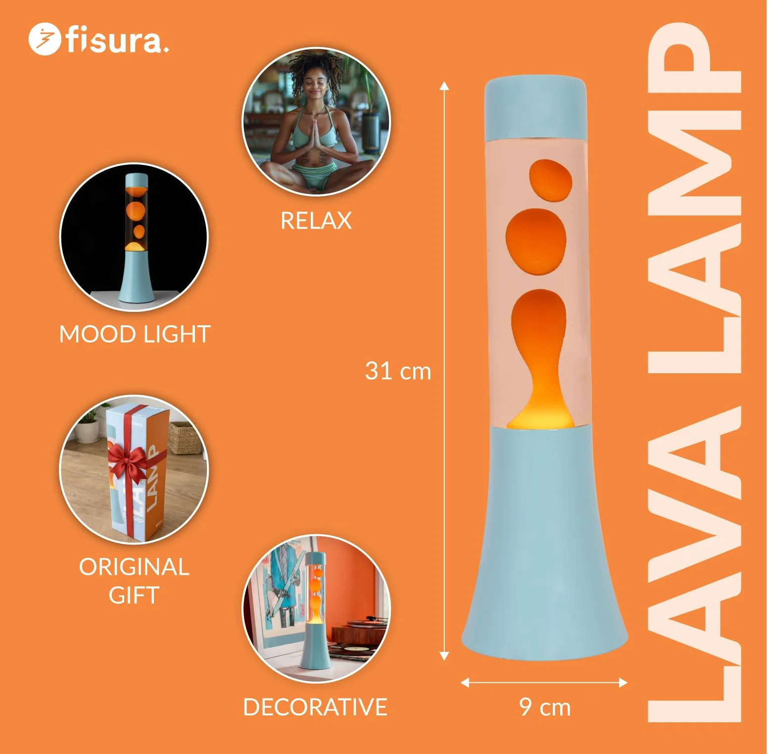 Fisura Lampa lawa zielona 30 cm retro dekoracyjna niebieska podstawa pomarańczowy płyn