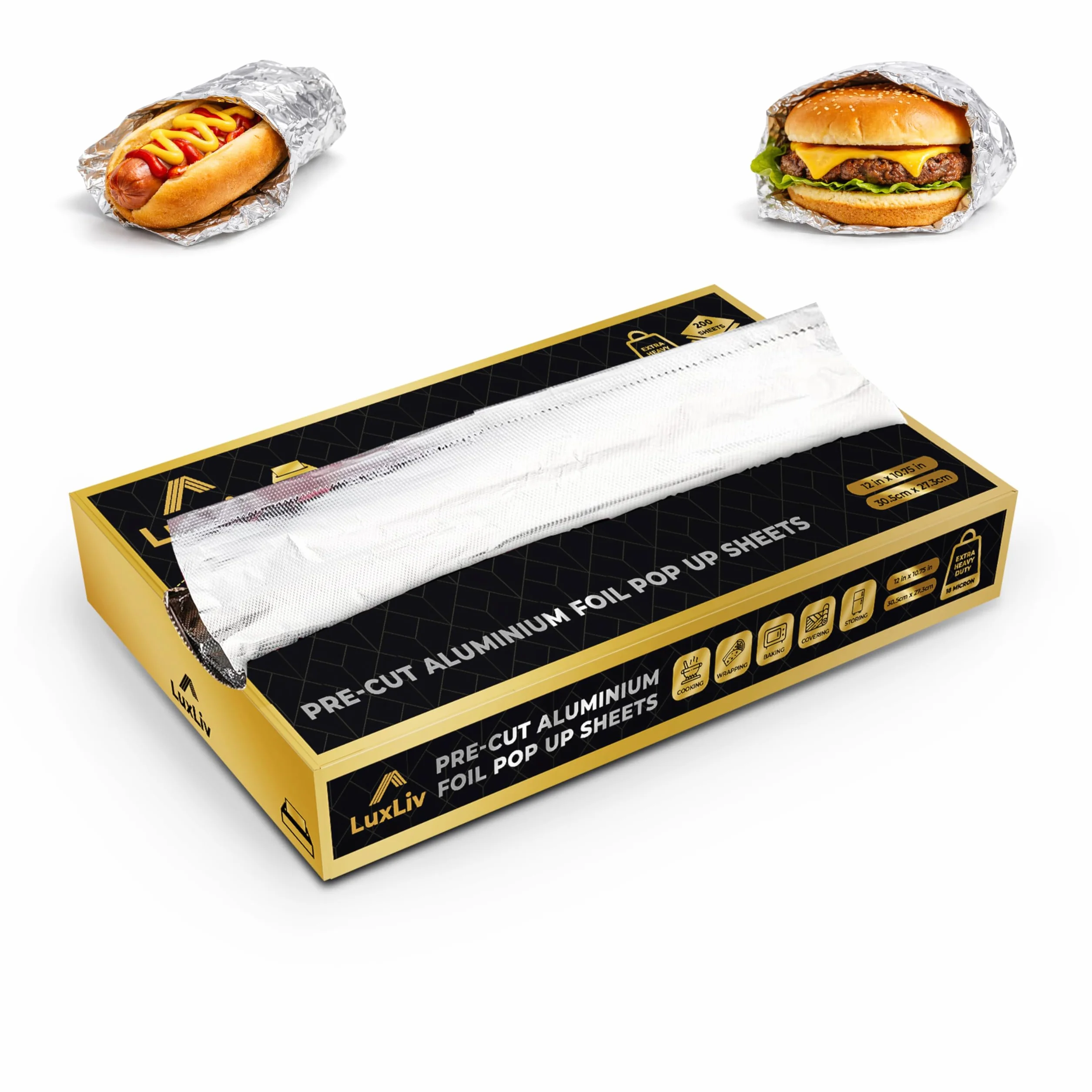 Folia Aluminiowa Arkusze 200 szt – Wstępnie Cięte Pop Up 30,5 x 27,3 cm, 18 Mikron, Folia Cateringowa do Burgerów, Kanapek i Gastronomii