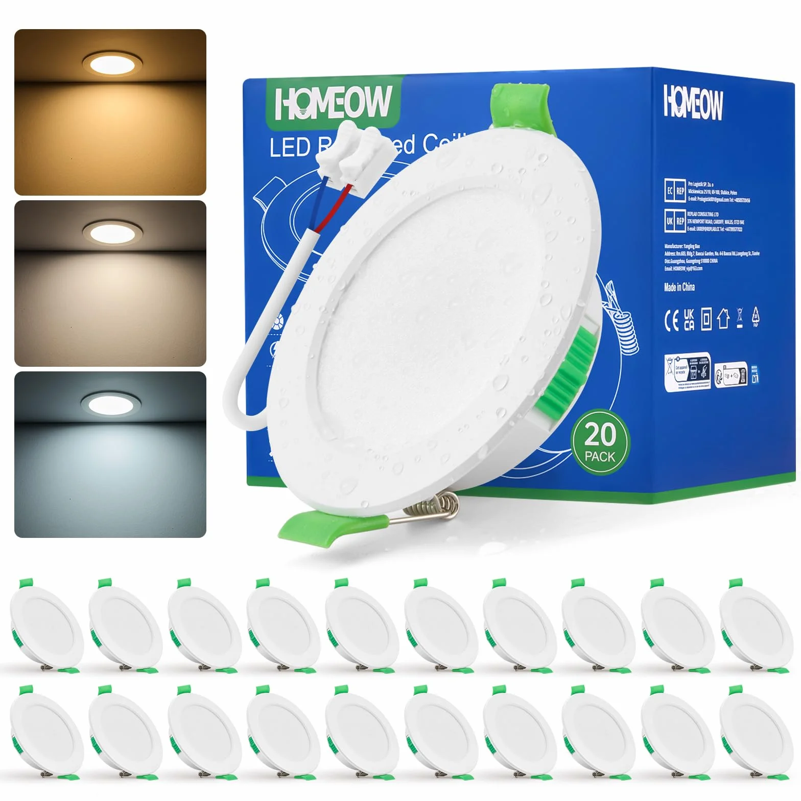 HOMEOW Zestaw 20 reflektorów LED do zabudowy 230 V, 5 W 400 lm LED Spot 68 mm – 78 mm wymiar otworu, IP44, ciepła biel, zimna biel, oświetlenie sufitowe, 24 mm, ultra płaskie lampy do zabudowy do