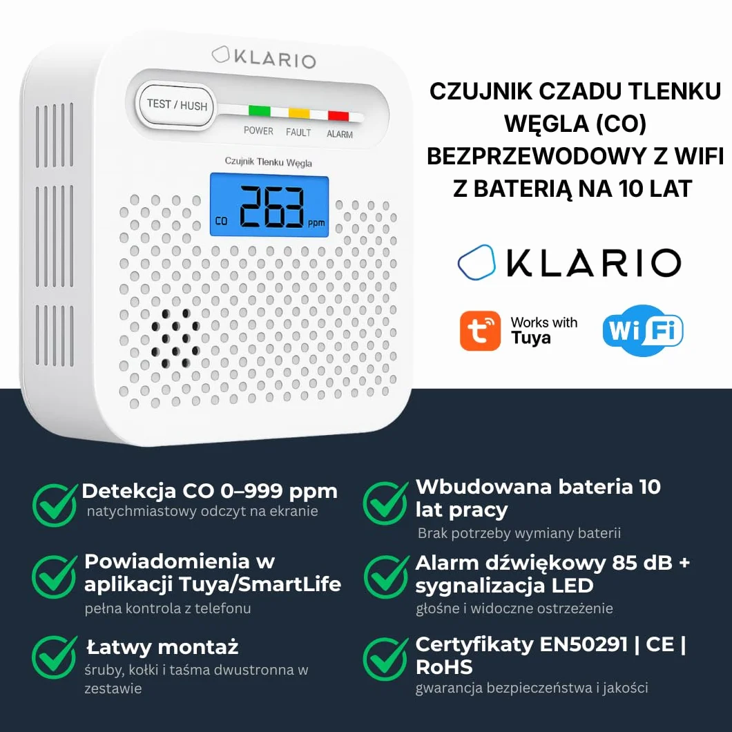 Klario Czujnik Czadu CO WiFi Tuya SmartLife Detektor Tlenku Węgla 85 dB LCD Bateria 10 lat EN50291