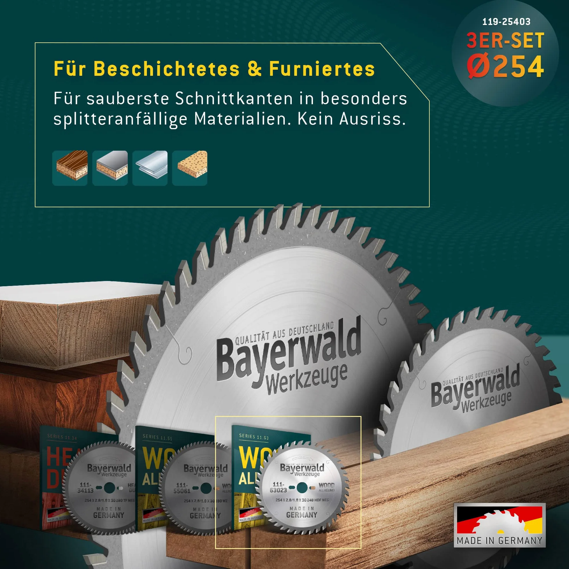 Bayerwald zestaw brzeszczotów do piły tarczowej Ø 254 (3-częściowy) – do aluminium, materiałów drewnopochodnych i tworzyw sztucznych – kompatybilny np. z Bosch GTS – PTS 10 / Metabo TK250 i więcej