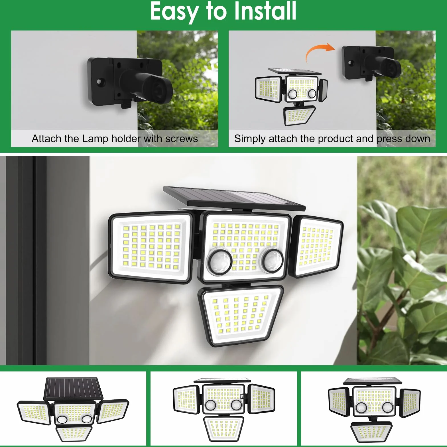 Zewnętrzna lampa solarna 1200 lm, 188 diod LED z czujnikiem ruchu, wodoodporna lampa punktowa LED kąt świecenia 270°, 3 tryby IP65 na werandę, patio, ogród, ścieżka, garaż