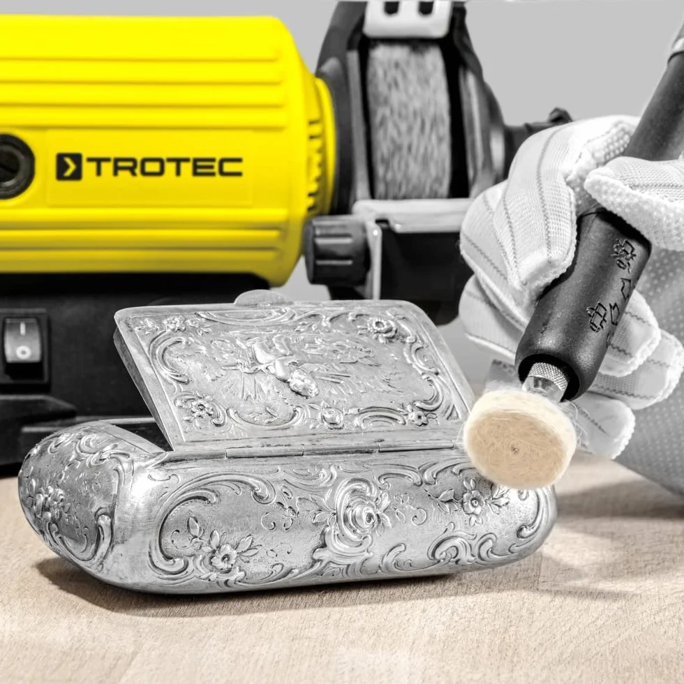 TROTEC Szlifierka PBGS 10-120 – podwójna szlifierka 120 W, poziom prędkości 0-11 500 obr/min, powierzchnia szlifowania Ø: 75 mm, 100-częściowy zestaw akcesoriów