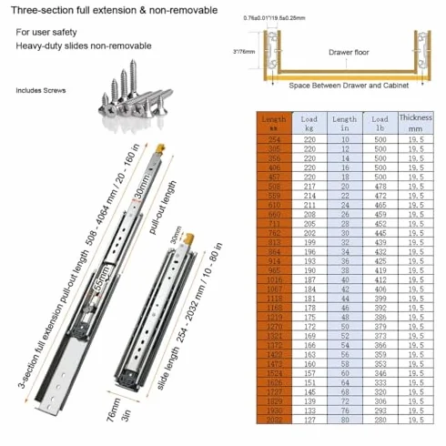 Wytrzymałe prowadnice do szuflad z zamkiem – 1 para stalowych prowadnic z łożyskami kulkowymi z pełnym przedłużeniem mocowanie boczne Ra 76 mm szer. x 254-2032 mm dł. 226,8 kg pojemność zawiera śruby