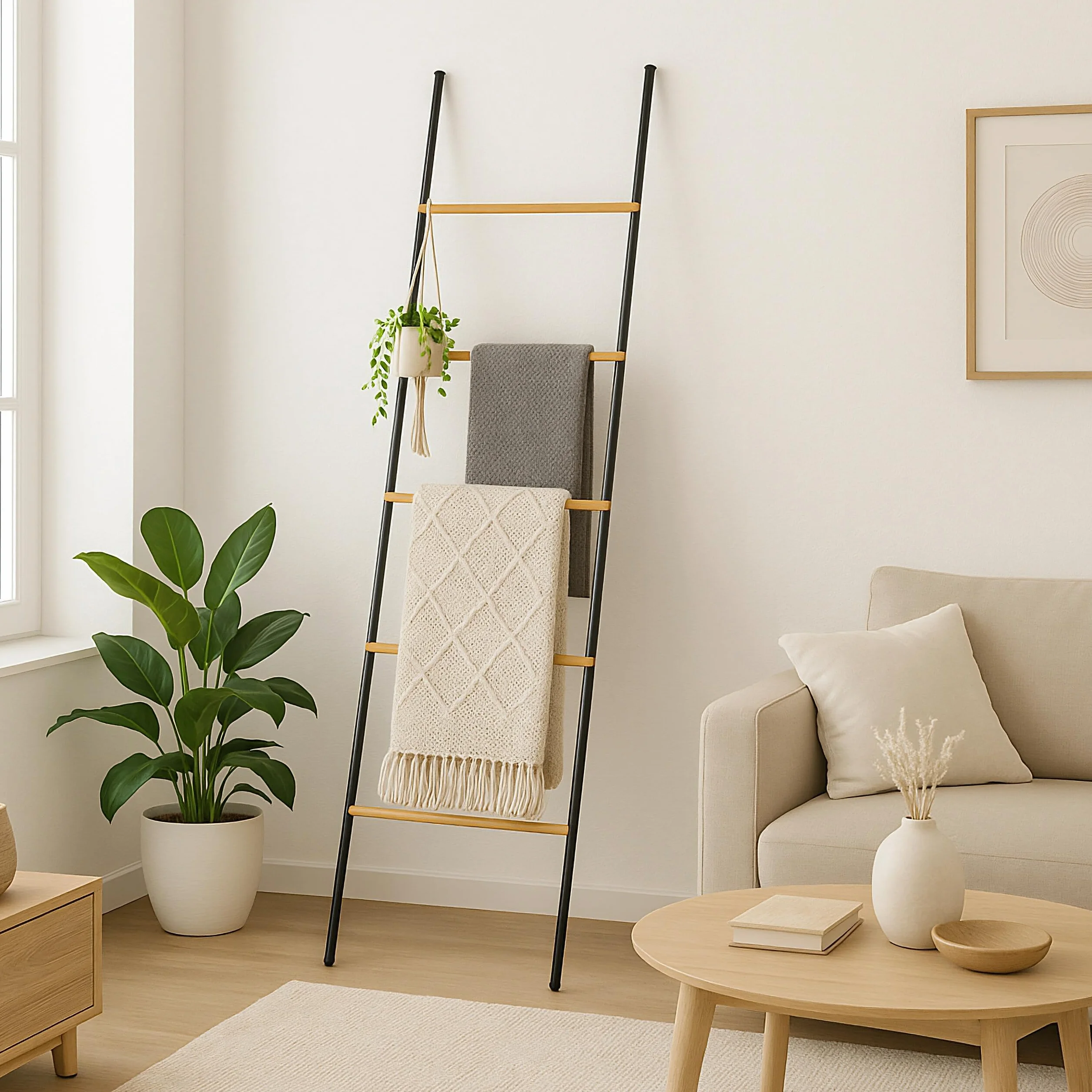 Relaxdays Drabina na ręczniki, bambus i żelazo, wys. x gł.: 164 x 45 x 2 cm, drabina dekoracyjna 5 szczebli, ręczniki i ubrania, czarny/naturalny