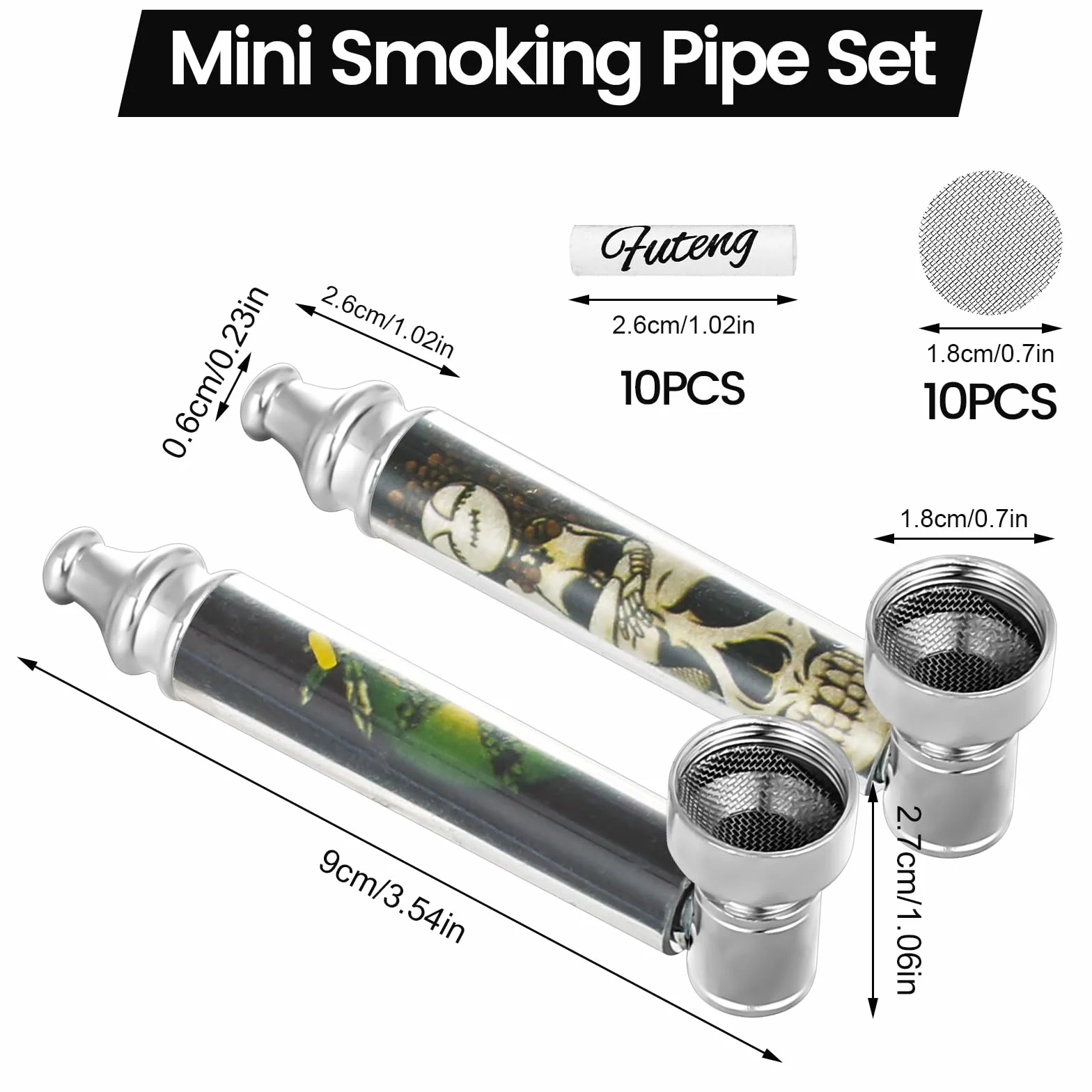 Fajka z gwizdkiem, mini uchwyt, 10 filtrów stal nierdzewna, 10 filtrów węgiel aktywny 6 mm, zestaw 2 fajek