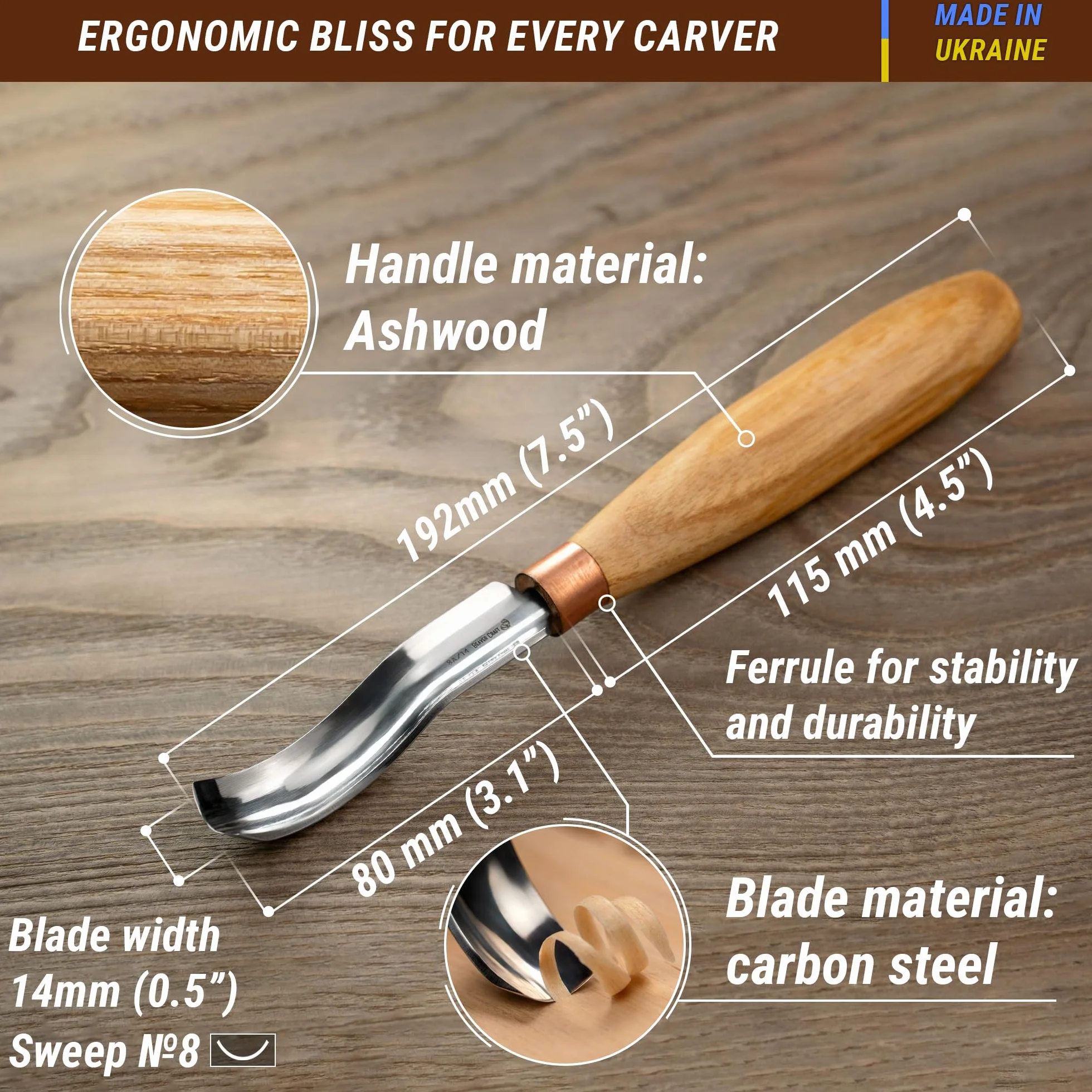 BeaverCraft, zakrzywione dłuto do rzeźbienia w drewnie K8a/14 1,4 cm - narzędzia do rzeźbienia łyżek - ręczne dłuto do obróbki drewna, kompaktowy nóż do rzeźbienia w drewnie dla początkujących i