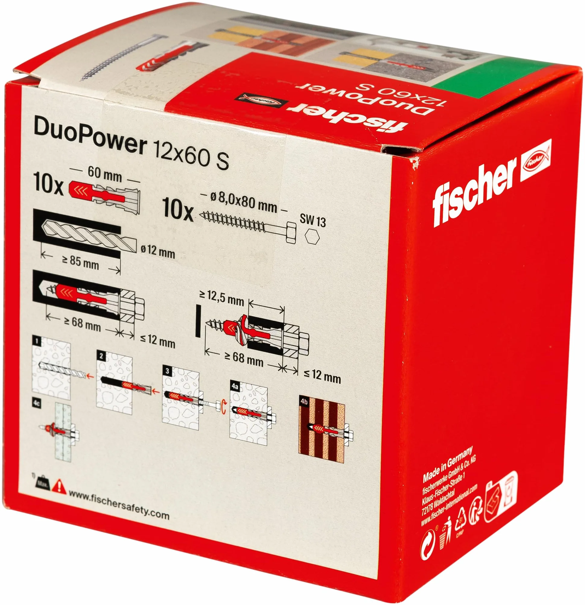 fischer DuoPower Uniwersalne kołki rozporowe ze śrubą zabezpieczającą, 2-komponentowe, kołki z tworzywa sztucznego do mocowania w betonie, cegle, kamieniu, płycie gipsowo-kartonowej i wielu innych, 10