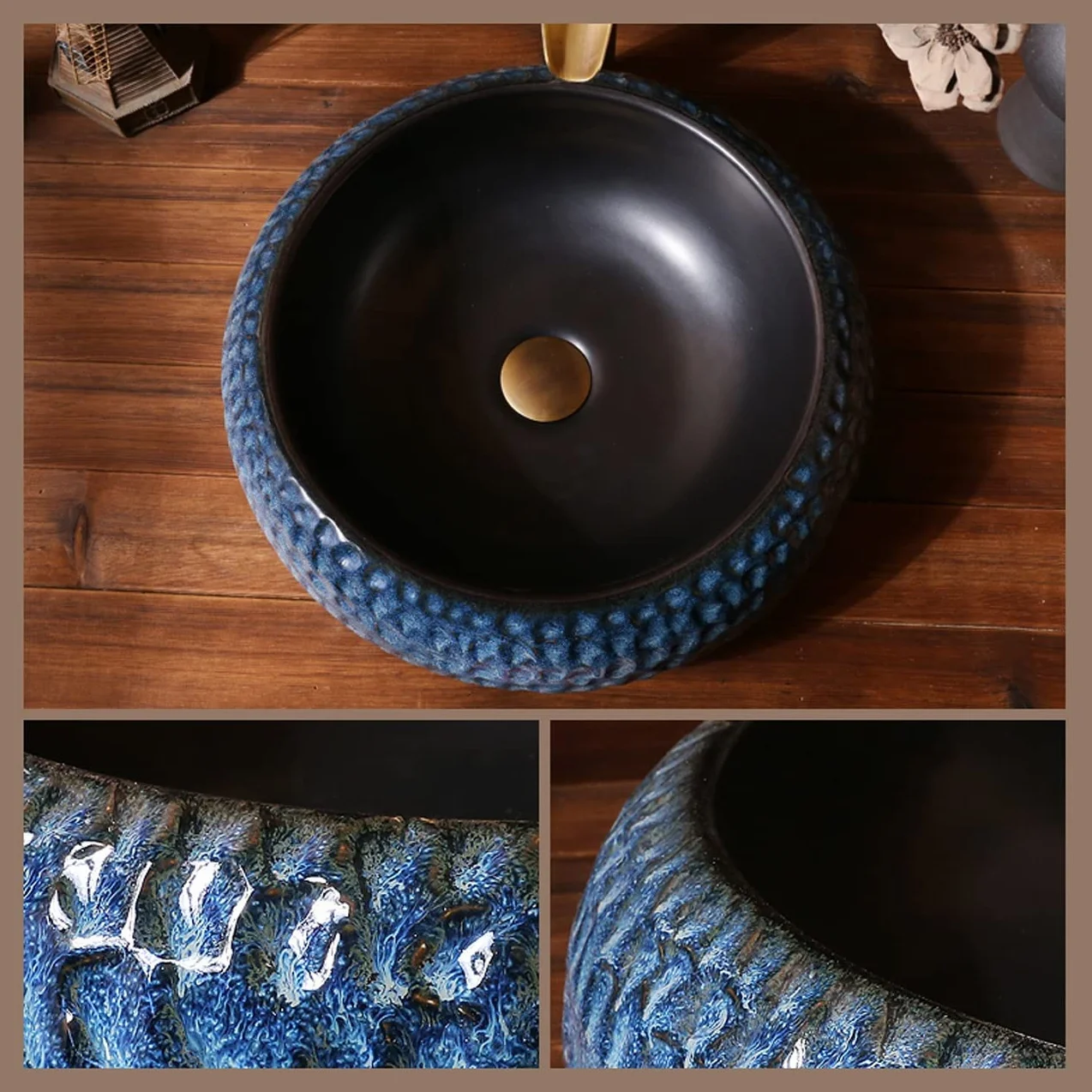 Okrągła Porcelanowa Umywalka Nablatowa, Artystyczna Misa Umywalkowa, Ceramiczna Umywalka Nablatowa Z Baterią I Odpływem, Niebieska Teksturowana