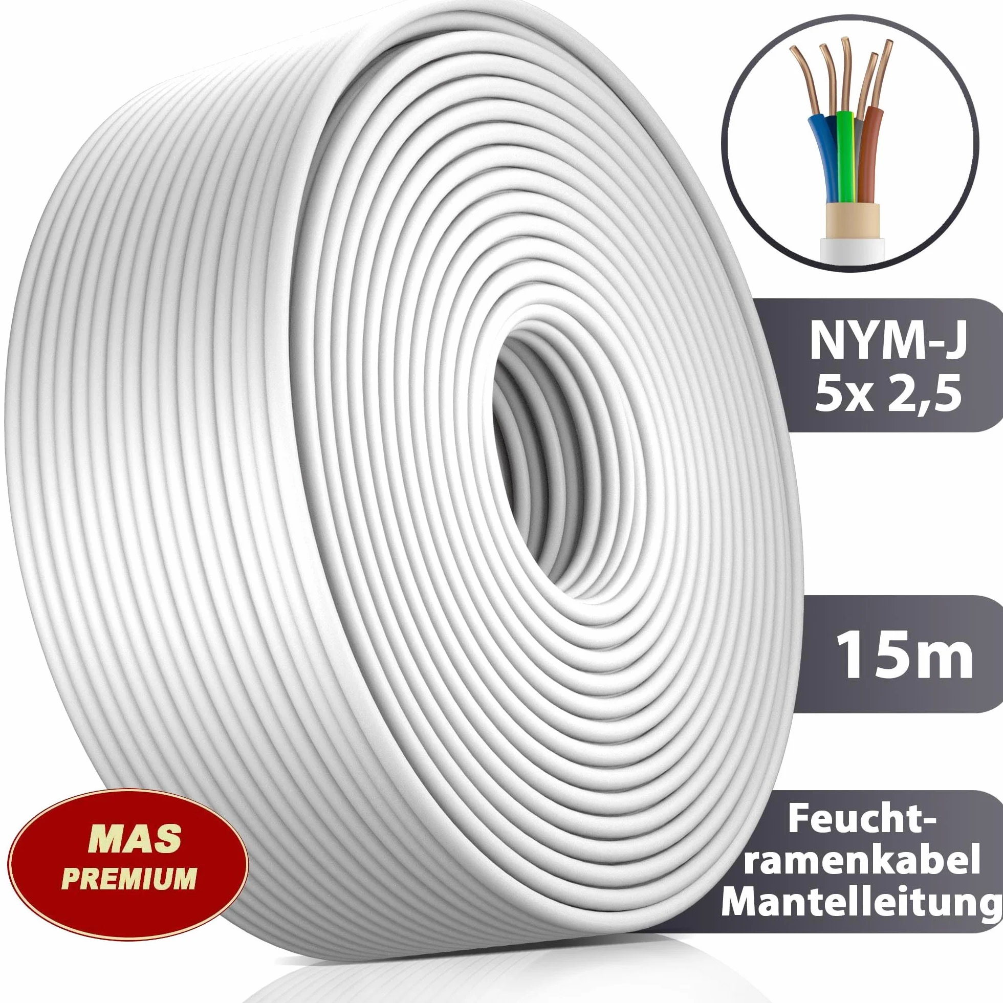 MAS Premium Kabel zasilający do wilgotnych pomieszczeń, kabel zasilający 5-170 m, przewód płaszczowy NYM-J 5 x 1,5, 2,5, 4, 6, 10 lub 16 kabel elektryczny pierścień do stałego układania (NYM-J 5 x 2,5