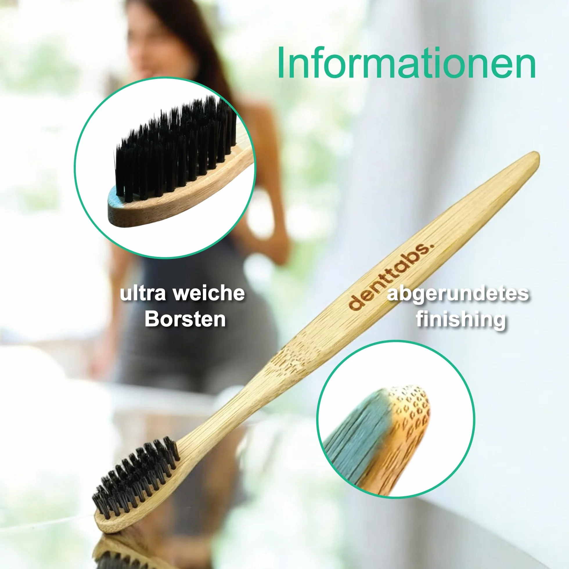 Denttabs Zestaw do mycia zębów – tabletki do czyszczenia zębów miętowe z fluorkiem zestaw 125 szt. + bambusowa szczoteczka do zębów z bambusa, ultramiękka