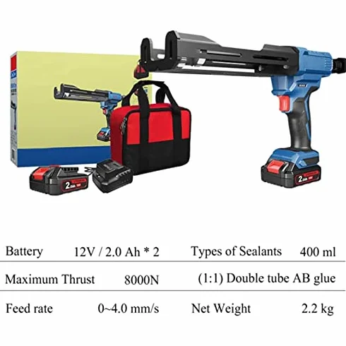 Elektryczny pistolet uszczelniający, 12 V, podwójny kartridż, z obrotowym wózkiem, do uszczelnienia, napełniania i naprawy w domu, zawiera baterię i pistolet silikonowy