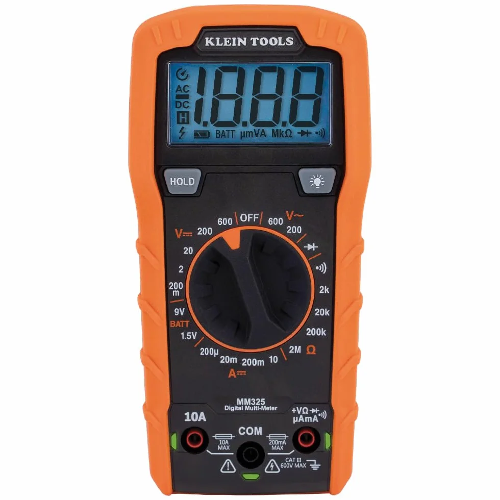 Klein Tools Multimetr MM325, cyfrowy ręczny tester napięcia 600 V AC/DC, testuje baterie, prąd, rezystancję, diody i ciągłość, czarny
