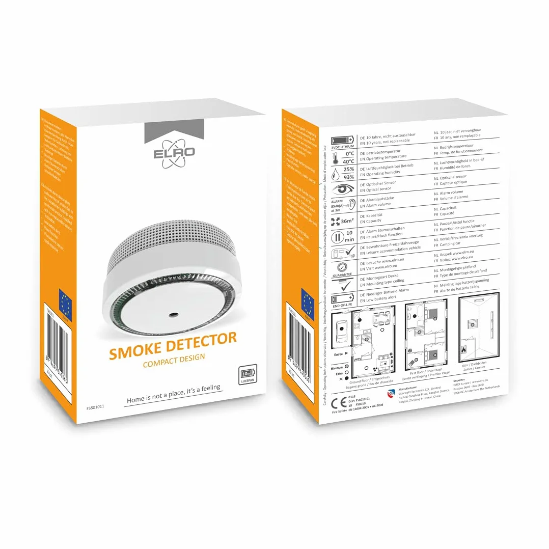 ELRO FS8010 Mini czujnik dymu, kompaktowy design, z baterią 10-letnią EN 14604, biały