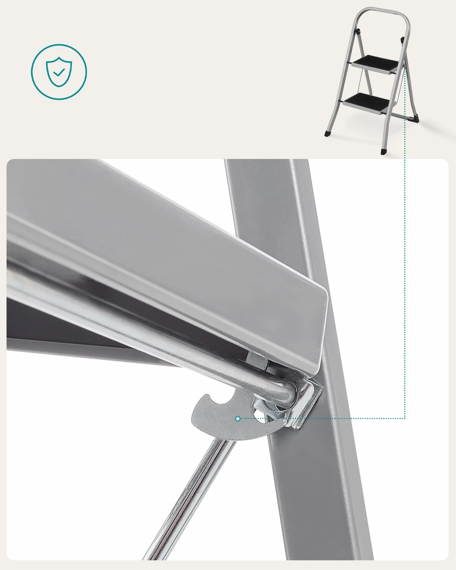SONGMICS Drabina schodkowa, drabina z 2 stopniami, składane zabezpieczenie, łatwa do przechowywania, obciążenie do 150 kg, gołębi szary GSL012G01