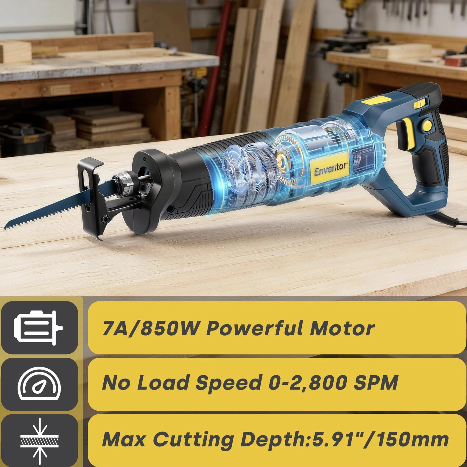 Enventor Piła szablasta 850W z 6 brzeszczotami, regulacja 0-2800 SPM, długość skoku 28mm, beznarzędziowa wymiana brzeszczotu, 180-stopniowy obrót uchwytu, do cięcia drewna, PCV i metalu