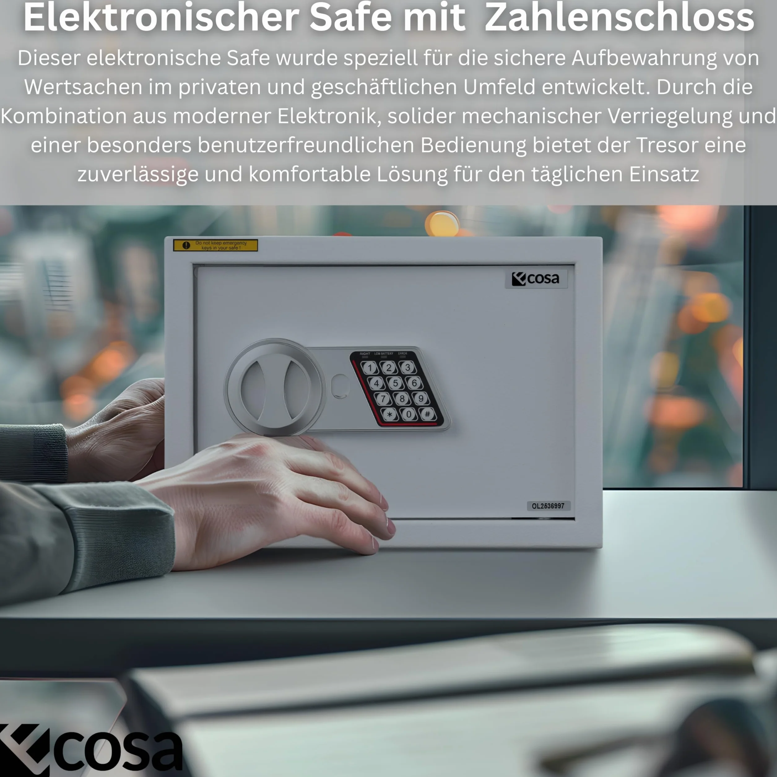 Ecosa Elektroniczny sejf 35 x 25 x 25 cm – sejf meblowy i sejf ścienny z kodem numerycznym i kluczem, sejf hotelowy do domu, 3-krotna, bardzo gruba podwójna blokada bolca, ognioodporny, wodoszczelny