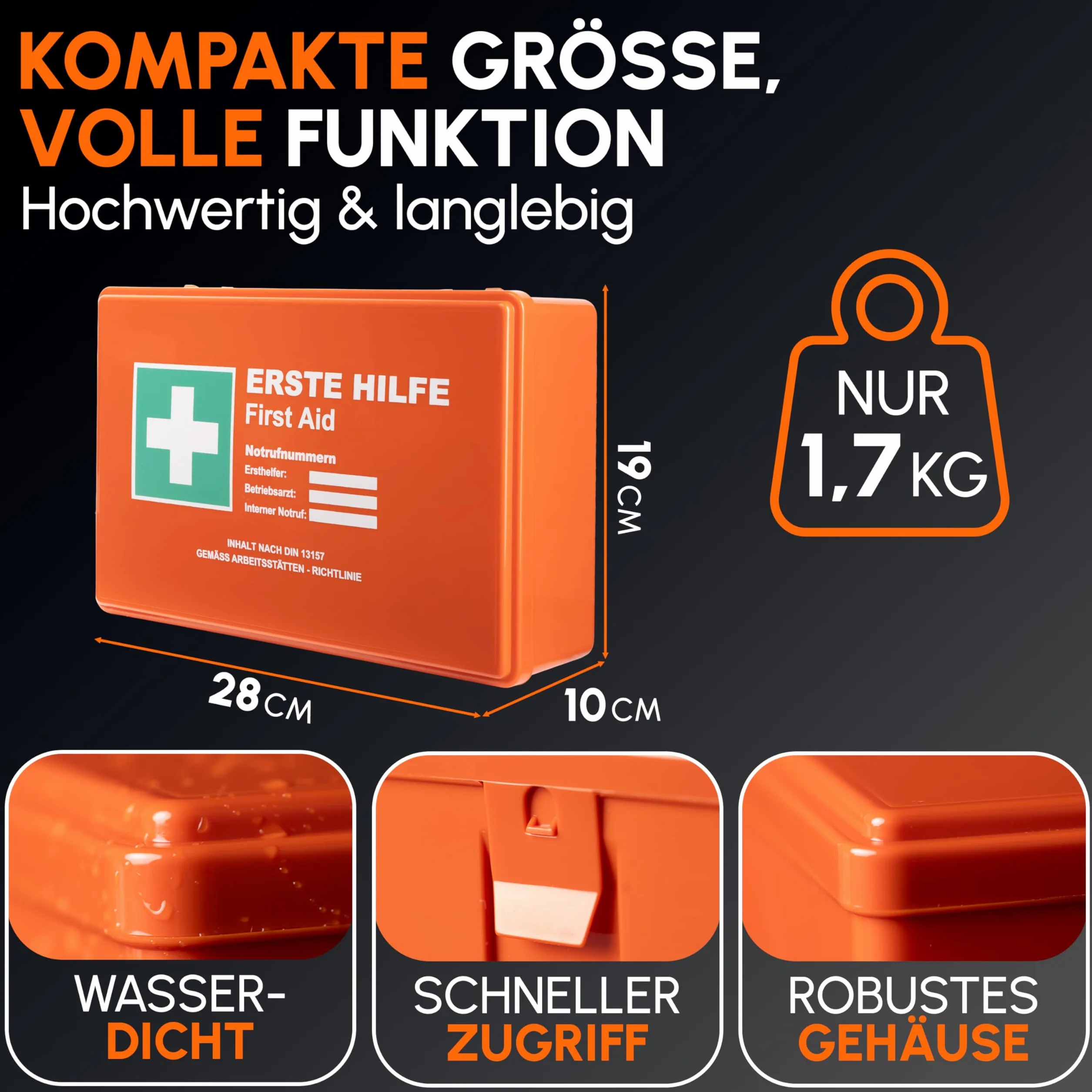 Apteczka pierwszej pomocy zgodna z normą DIN 13157:2021 wraz z uchwytem ściennym i naklejkami | uniwersalna walizka pierwszej pomocy do pracy, gospodarstwa domowego lub gastronomii – do biura apteczki