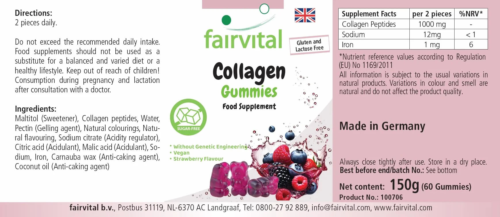 Fairvital Żelki kolagenowe 60 sztuk 1000mg z sodem i żelazem bez cukru