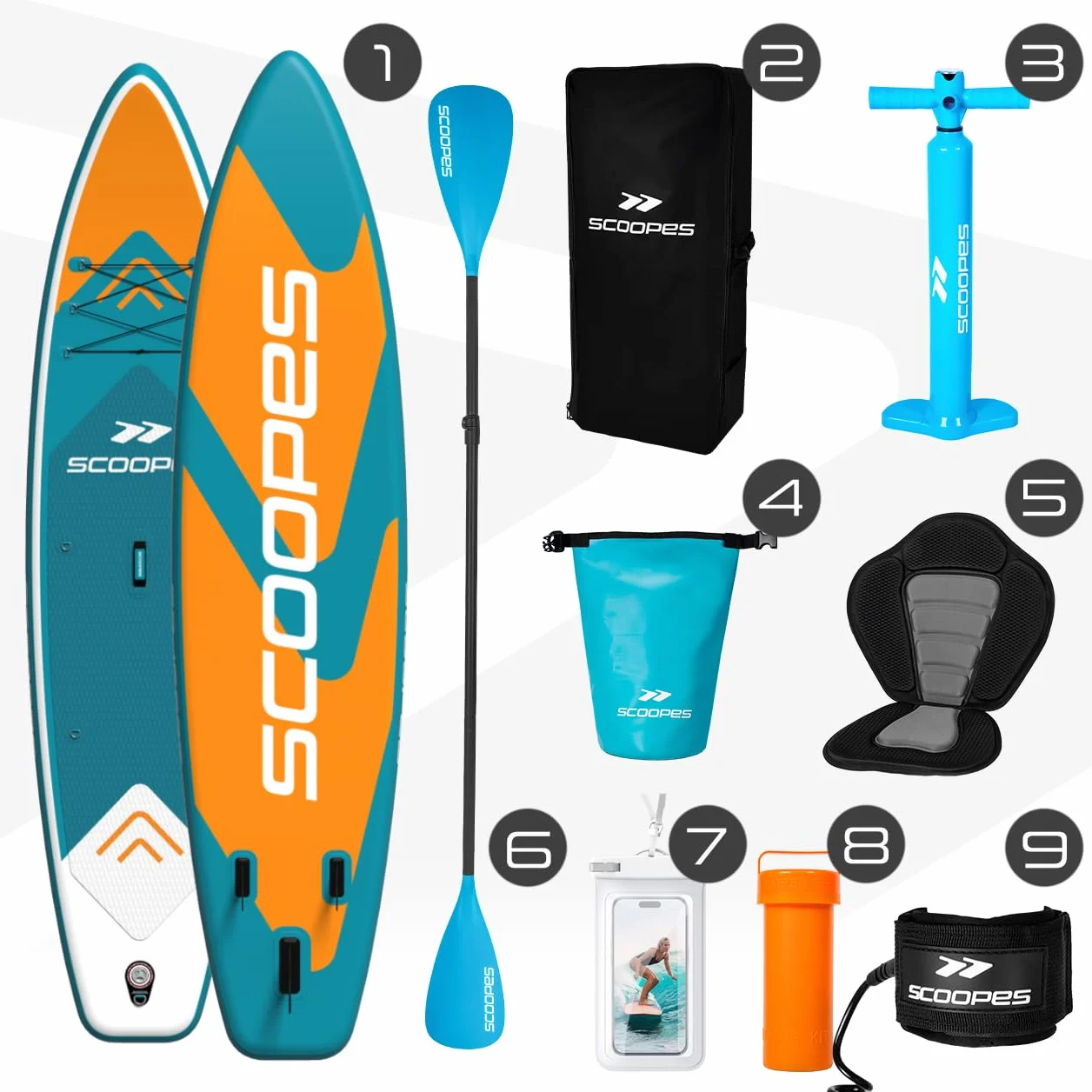 SCOOPES Deska Sup z Akcesoriami, Wiosło, Fotel, Pompka, Torba transportowa, Etui wodoodporne na telefon. Nadmuchiwana Deska o Doskonałej Stabilności I 305 x 81 x 15 cm