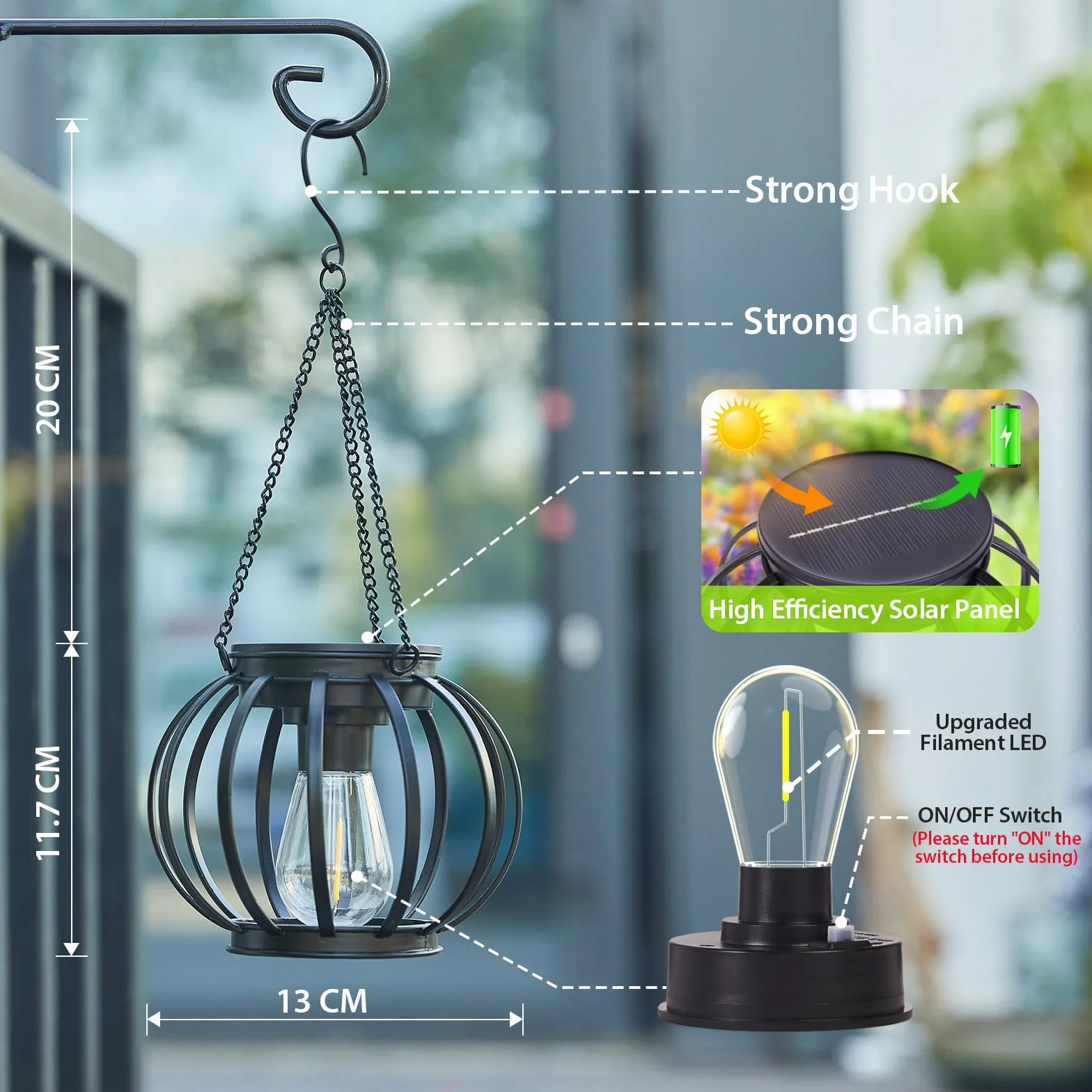 BUCASA Wiszące lampy ogrodowe do użytku na zewnątrz, 2 sztuki latarnie solarne do użytku na zewnątrz, z dużą żarówką LED, wodoszczelność, metalowe, lampy solarne do użytk (Okrągły czarny, 2 Pack)