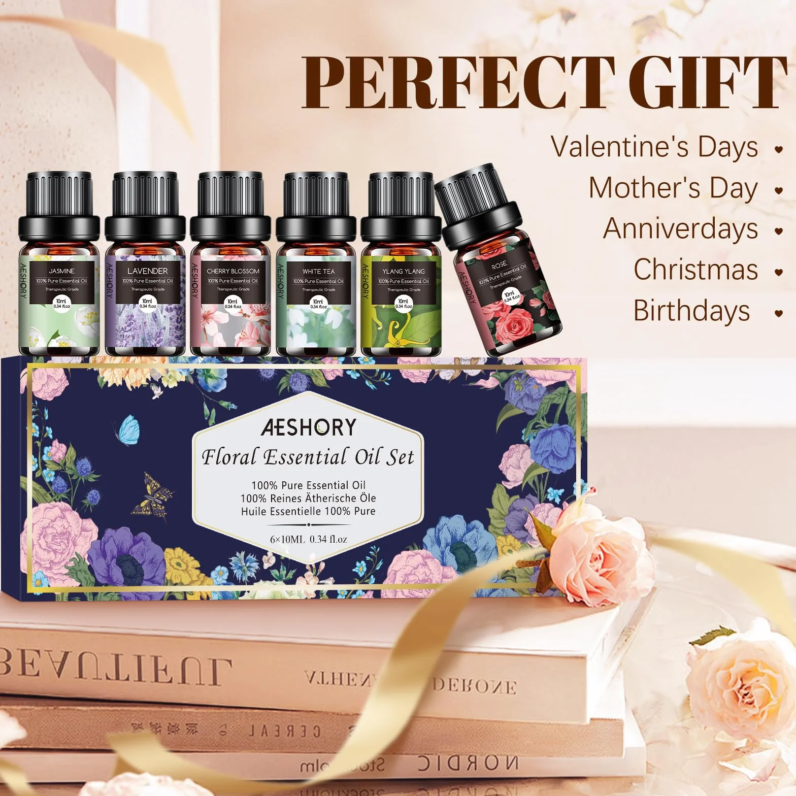 Aeshory Zestaw Olejków Eterycznych Kwiatowych 6 X 10 Ml, 100% Naturalnych Olejków Eterycznych Kwiatowych Do Nawilżacza Z Dyfuzorem - Lawenda, Róża, Jaśmin, Kwiat Wiśni, Biała Herbata, Ylang Ylang