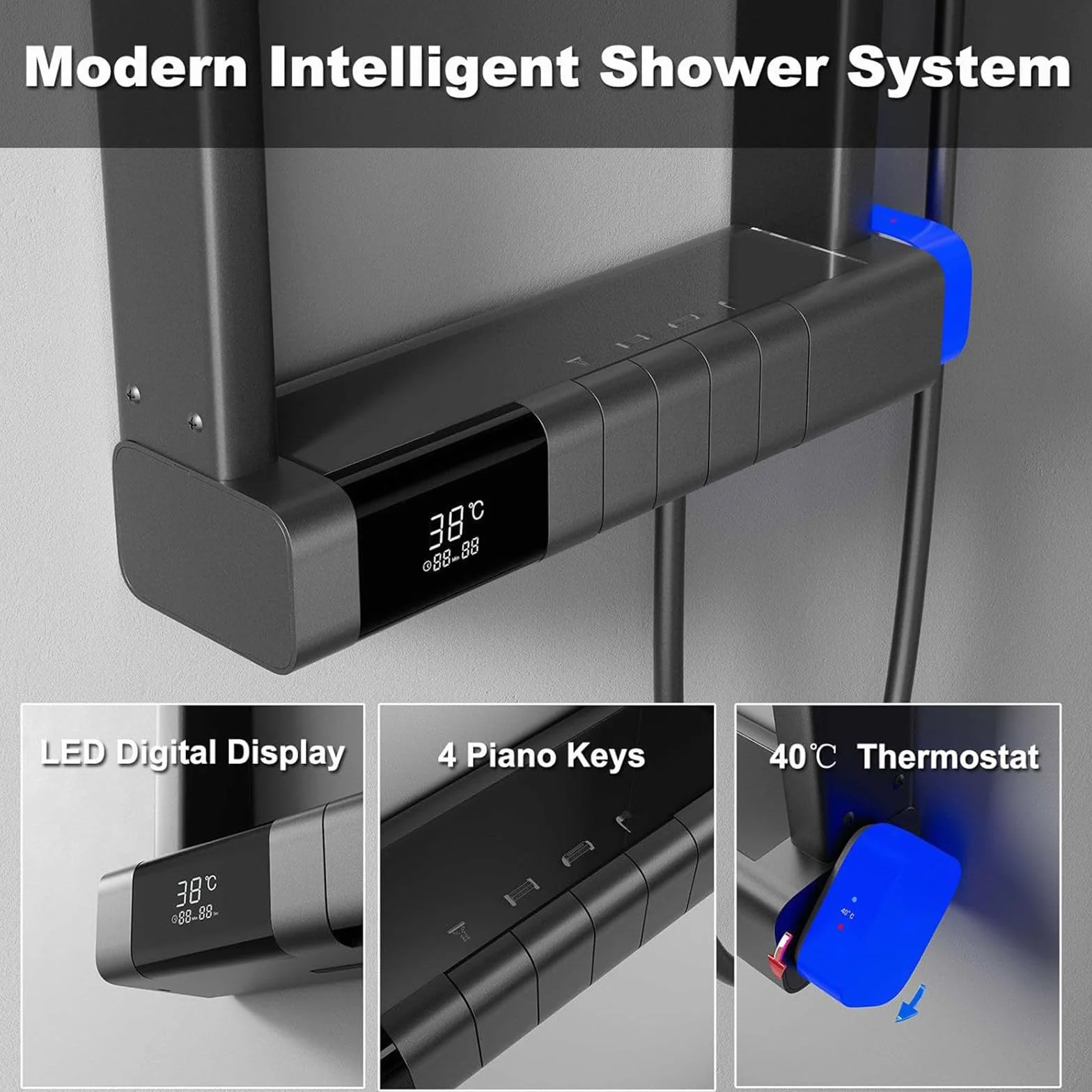 Panel Prysznicowy LED Tower System z Półką, Deszczownicą i Systemem Deszczowym z Dyszami Bocznymi, Aluminiowa Armatura łazienkowa Space, Termostatyczne Zestawy Baterii Prysznicowych, Szary