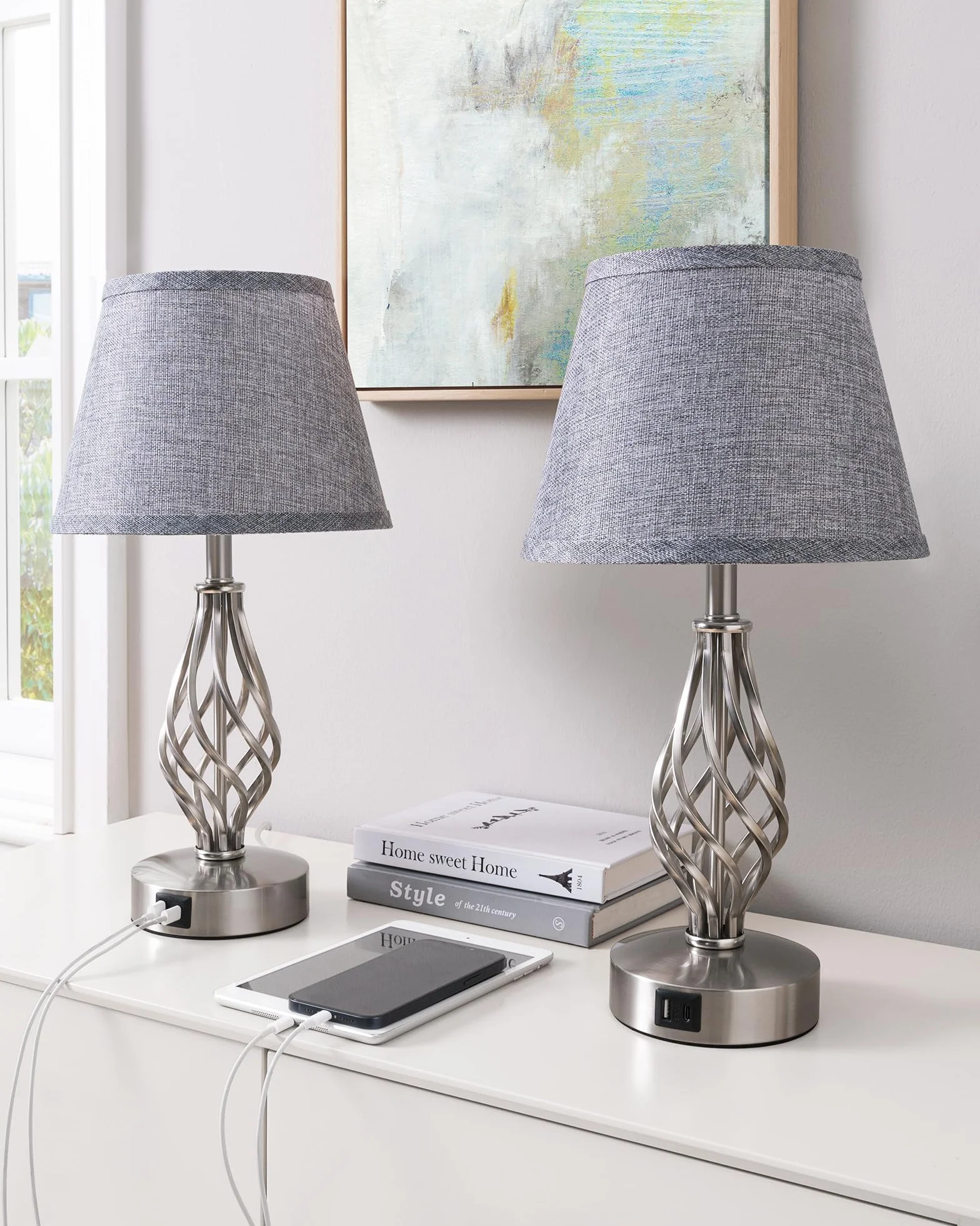 EDISHINE Lampka nocna LED, dotykowa, ściemniana, zestaw 2 szt., nowoczesna lampa stołowa z funkcją ładowania, 2 porty USB, do dekoracji sypialni, salonu, na parapet, prezent, abażur lniany, szara