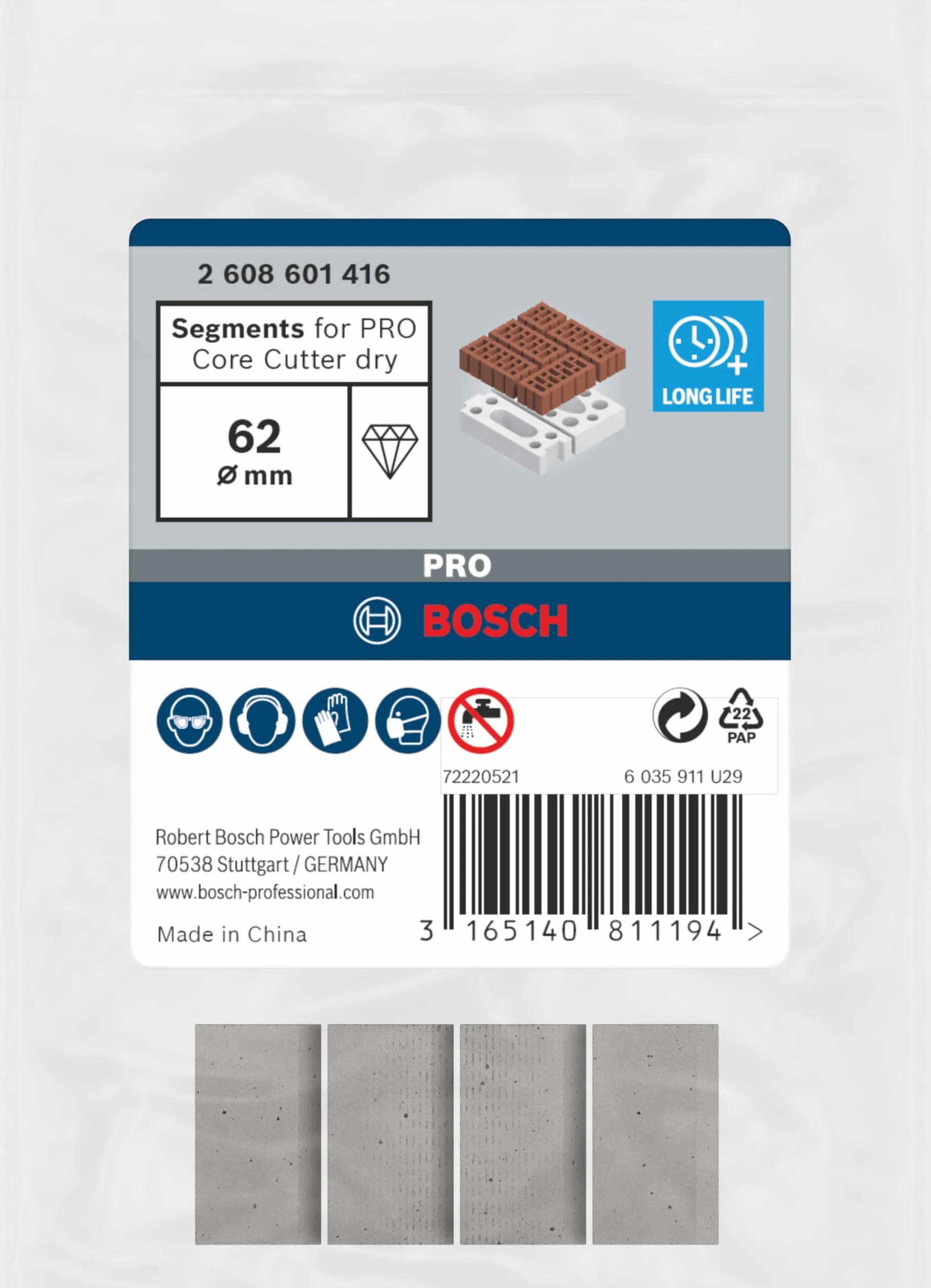 Bosch 4x Segmenty do diamentowych koronek wiertniczych PRO Multi Material Dry (do Cegły wapienne i piaskowe, Cegła, Professional Akcesoria Wiertło diamentowe)