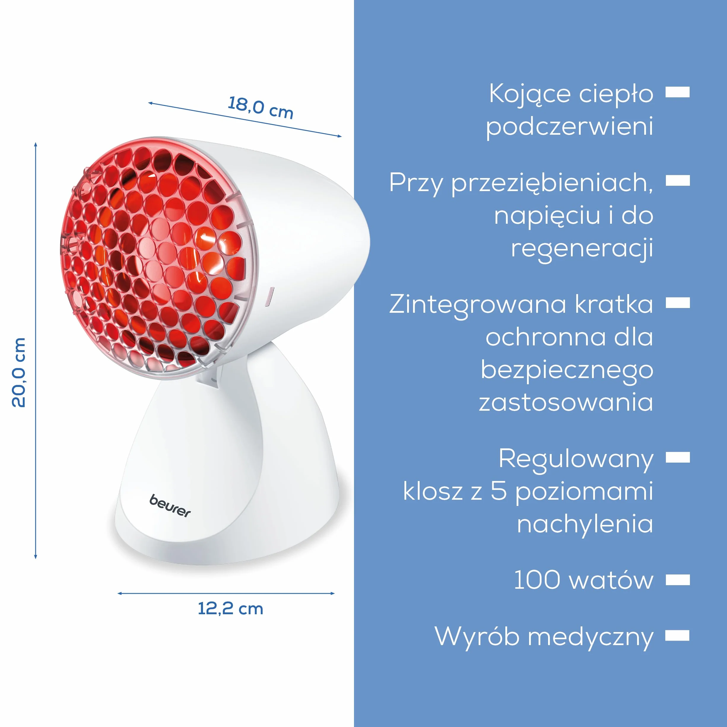 Beurer IL 11 Lampa na podczerwień z kratką ochronną, urządzenie medyczne, 5 poziomów nachylenia, okulary ochronne, biały