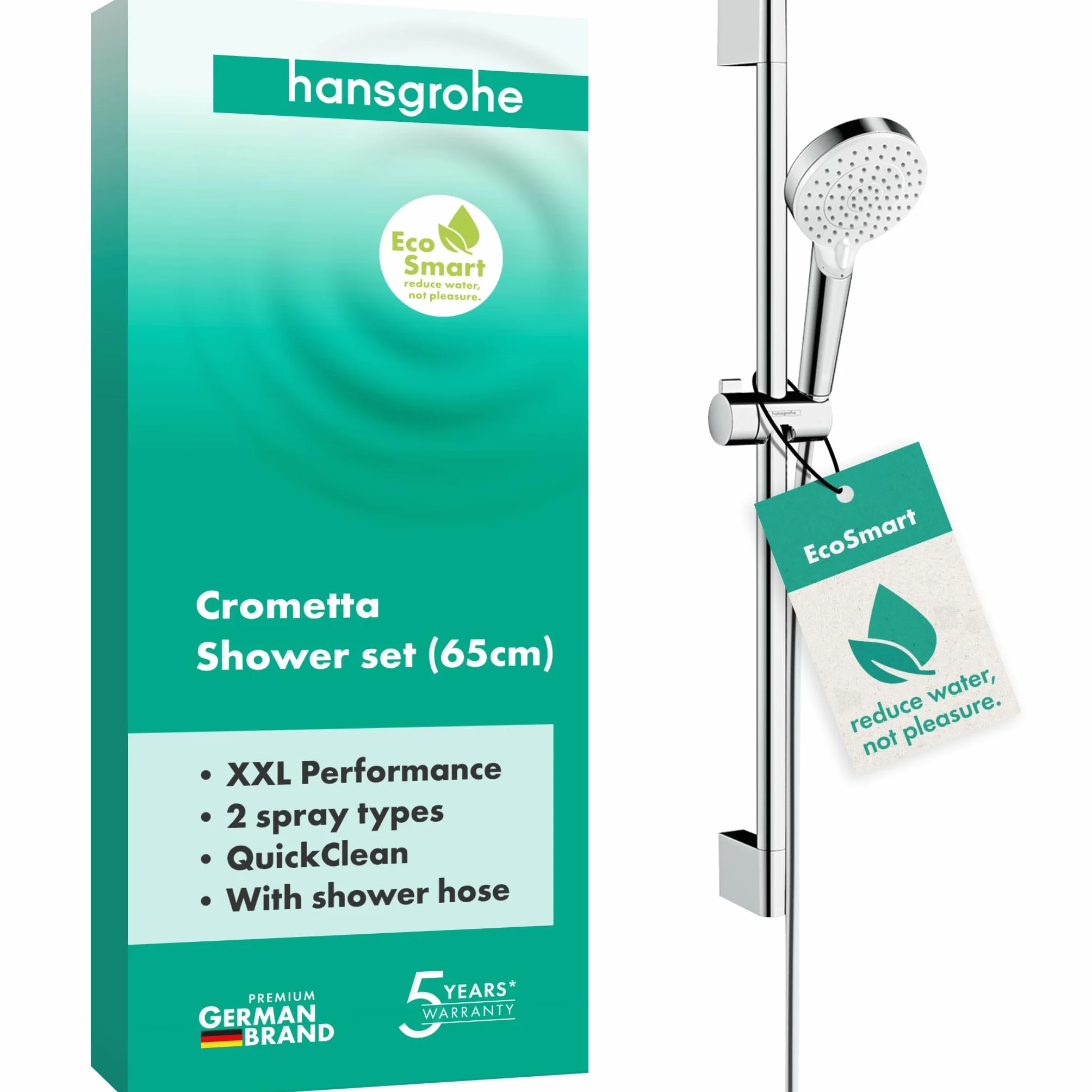 hansgrohe Crometta Zestaw prysznicowy Vario EcoSmart 9 l/min z drążkiem 65 cm biały/chrom, 26534400
