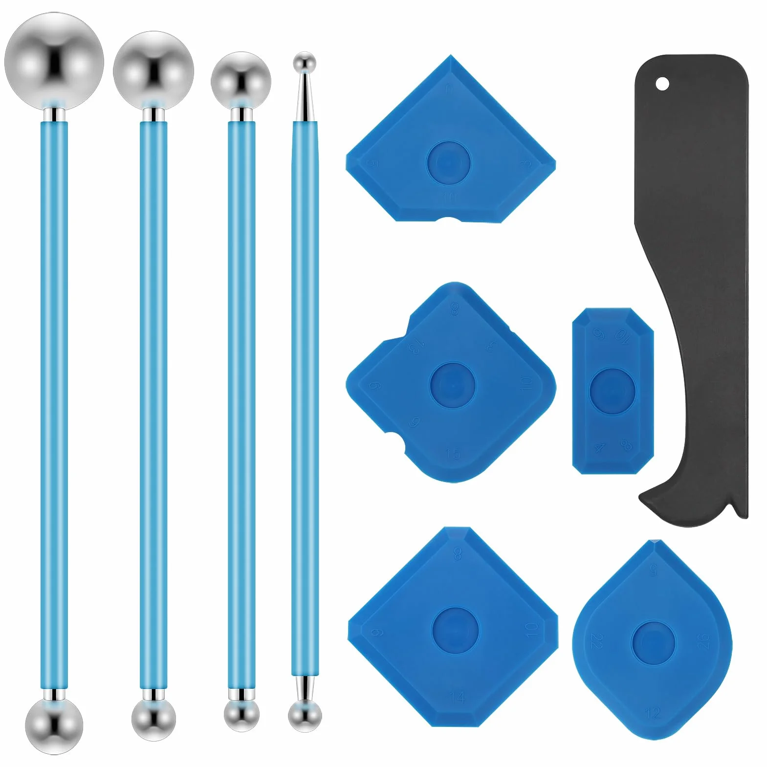 Zestaw 10 narzędzi do skrobaków, 4 ściągacze metalowe, 5 wygładzaczy silicone, 1 skrobak z tworzywa sztucznego, 1 ściągacz fug silicone, narzędzie do usuwania silikonu