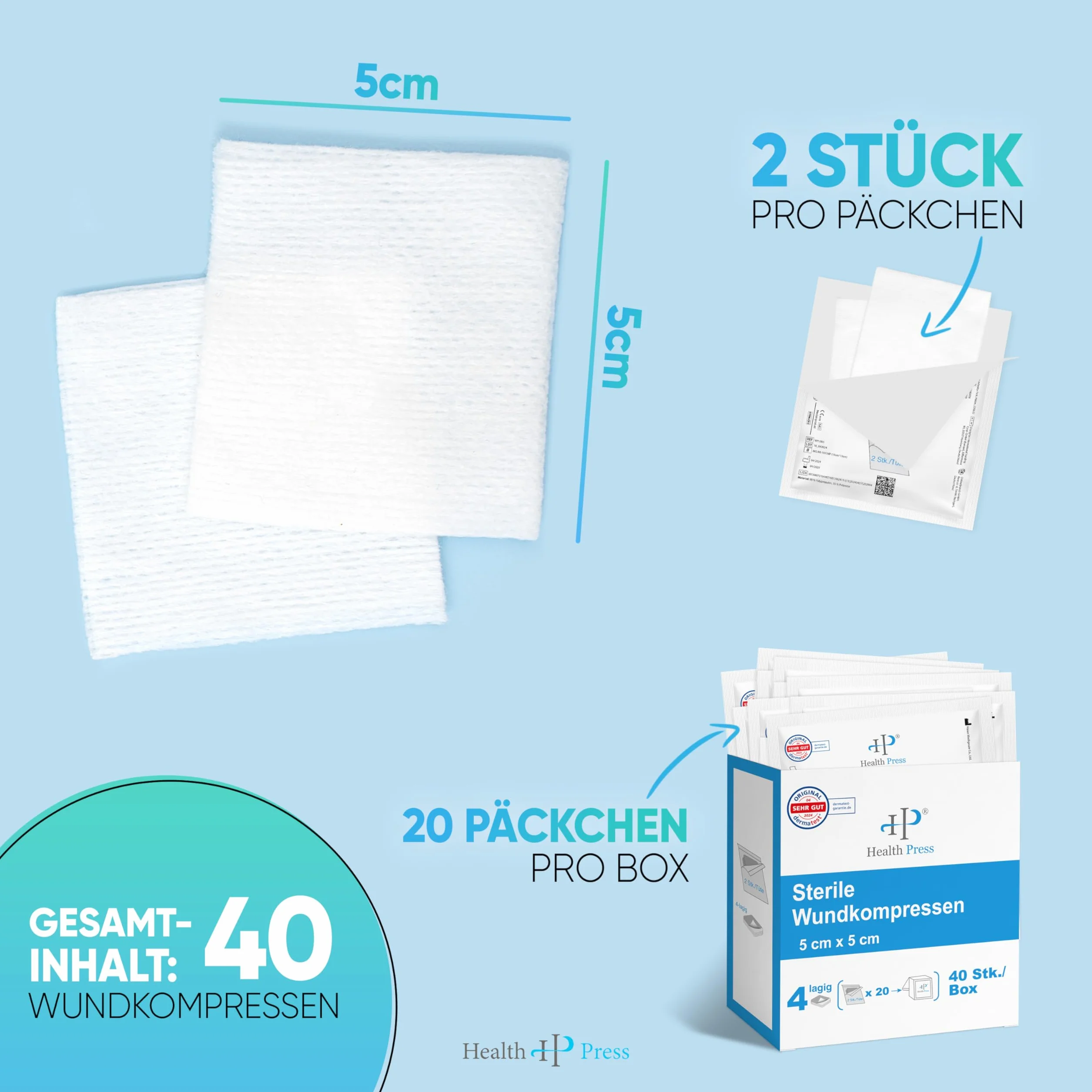 Sterylne Kompresy 5x5 cm 40 sztuk Gaza 4-warstwowa Opatrunki