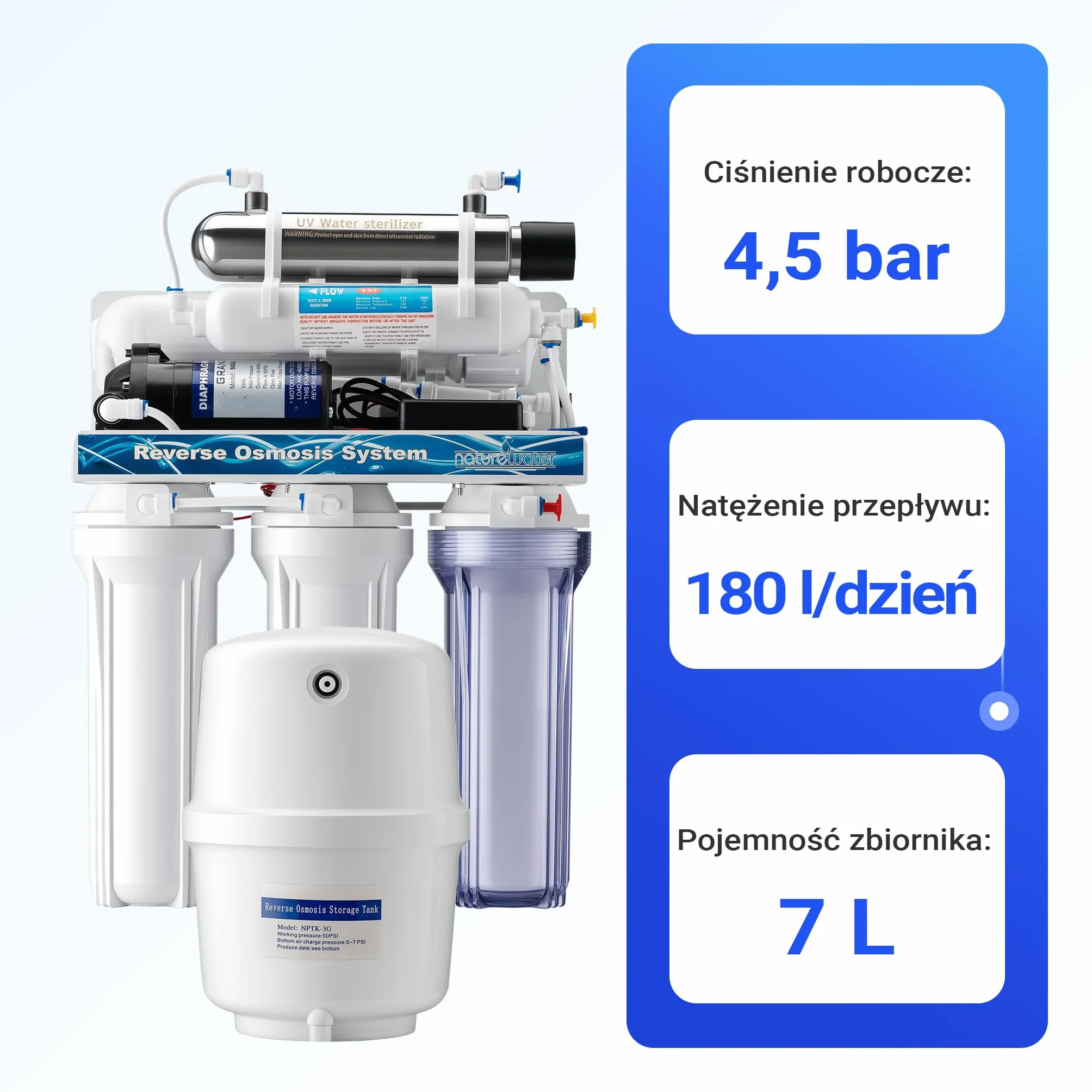 Naturewater 6-stopniowy system odwróconej osmozy 180 litrów/dobę, system odwróconej osmozy z klarownikiem UV i pompą wspomagającą do czystej wody pitnej