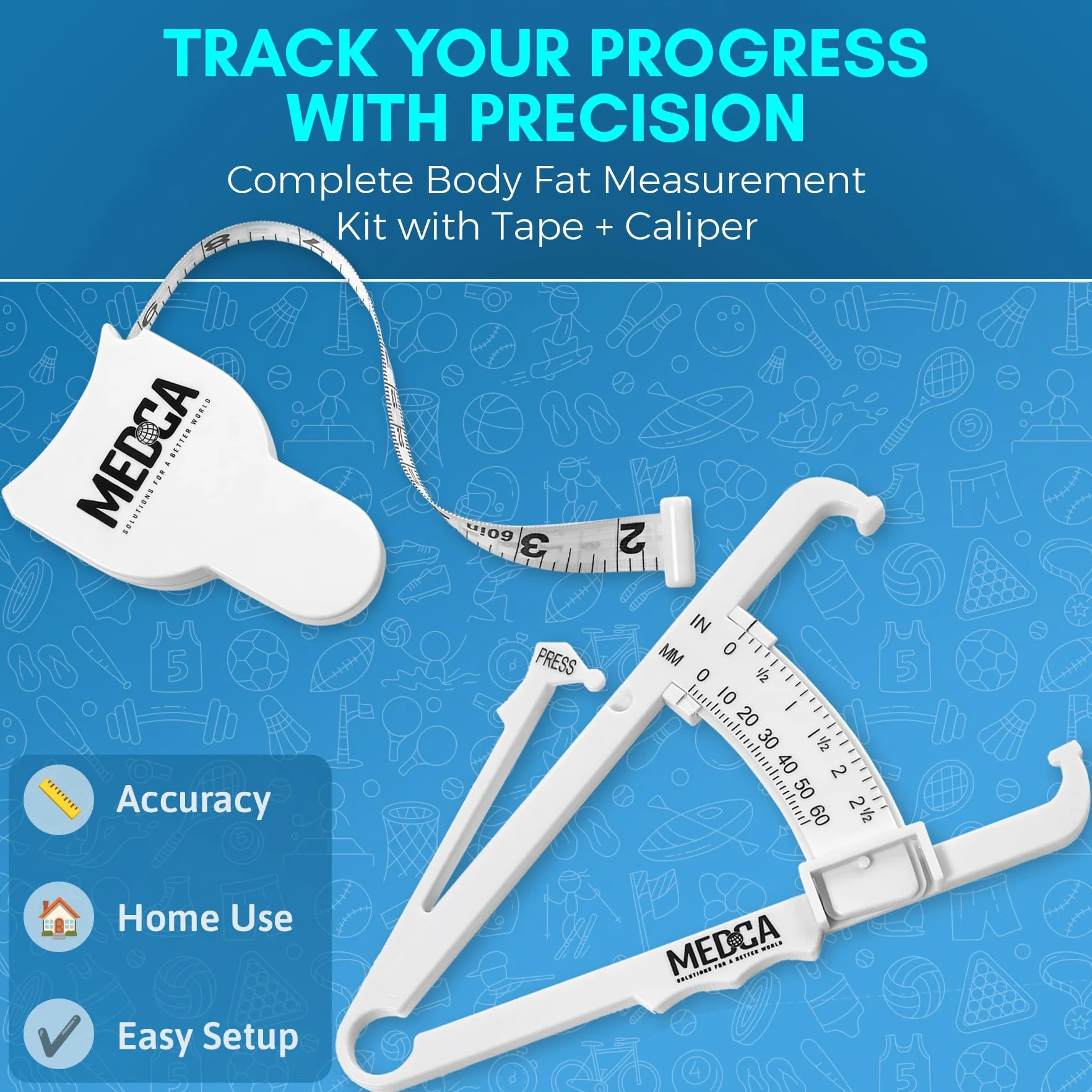 Body Fat Caliper and Measuring Tape for Accurately Measuring BMI Skin Fold Fitness (White)